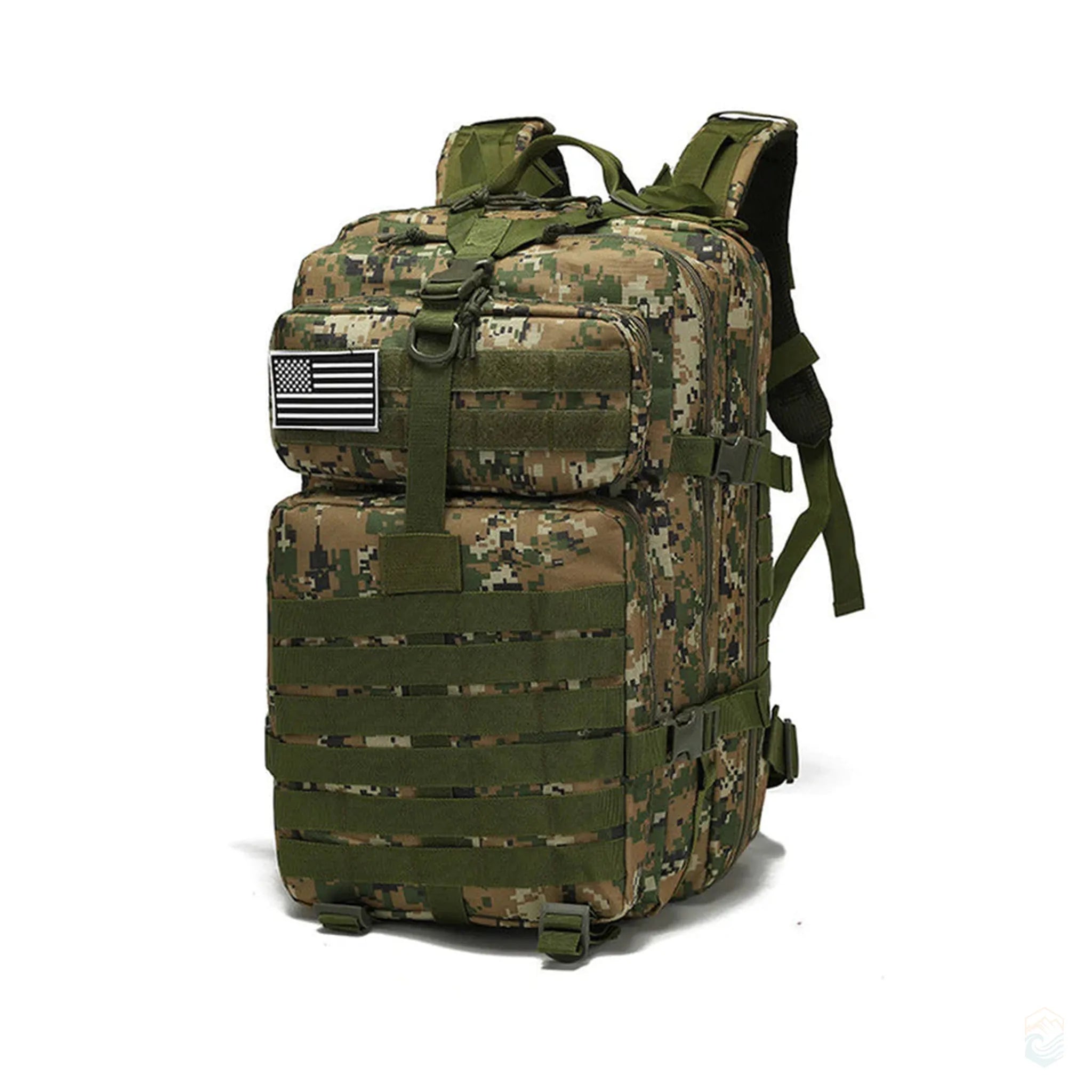 50L camouflage green military-style backpack with reinforced MOLLE system, padded shoulder straps, multiple zippered compartments, and tactical buckles designed for rugged hiking, trekking, and survival missions