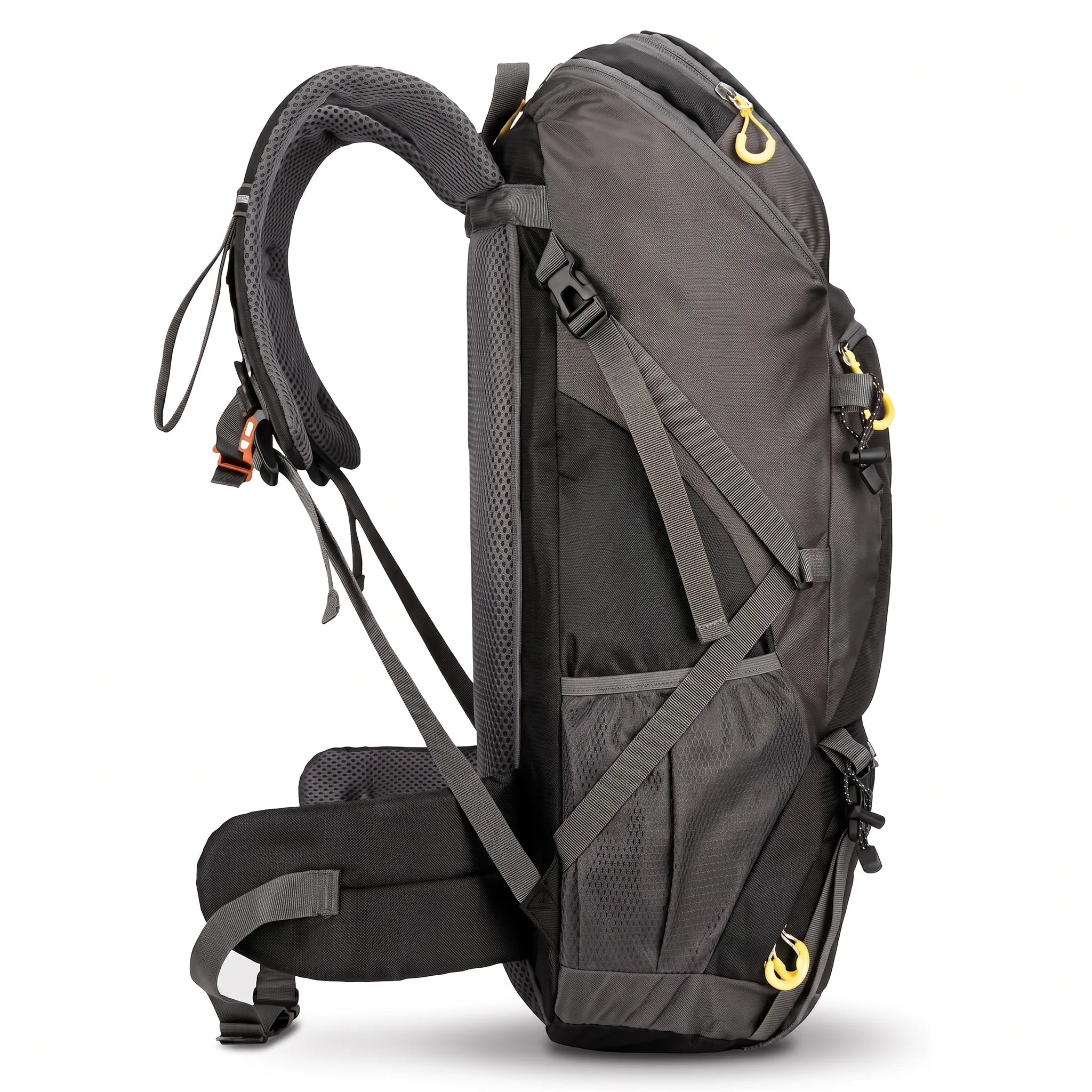 Side view of a black 50L waterproof hiking backpack featuring padded shoulder straps, breathable back panel, compression straps, and side mesh pocket for camping and backpacking.