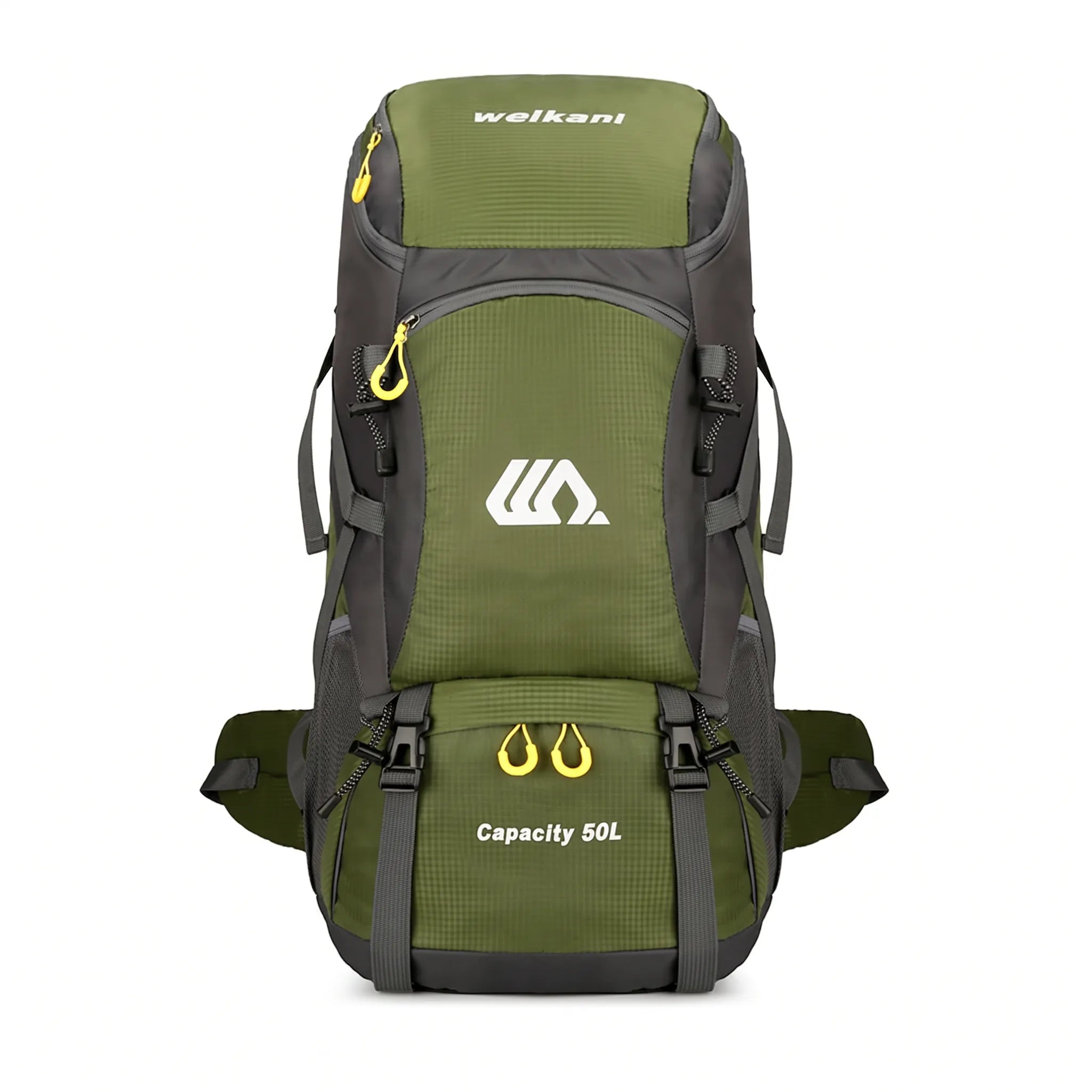 Front view of a green 50L waterproof hiking backpack with multiple storage compartments, compression straps, and adjustable waist belt for camping and backpacking.