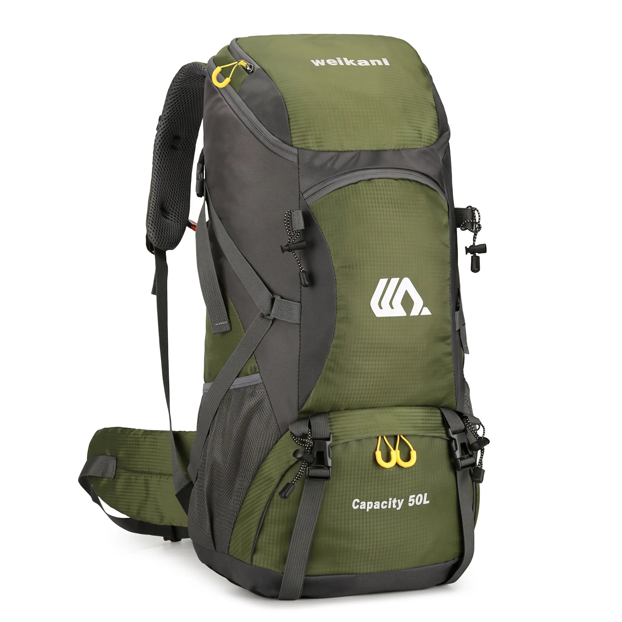 Green 50L waterproof hiking backpack with padded shoulder straps for camping, backpacking, trekking, mountaineering, and outdoor travel.