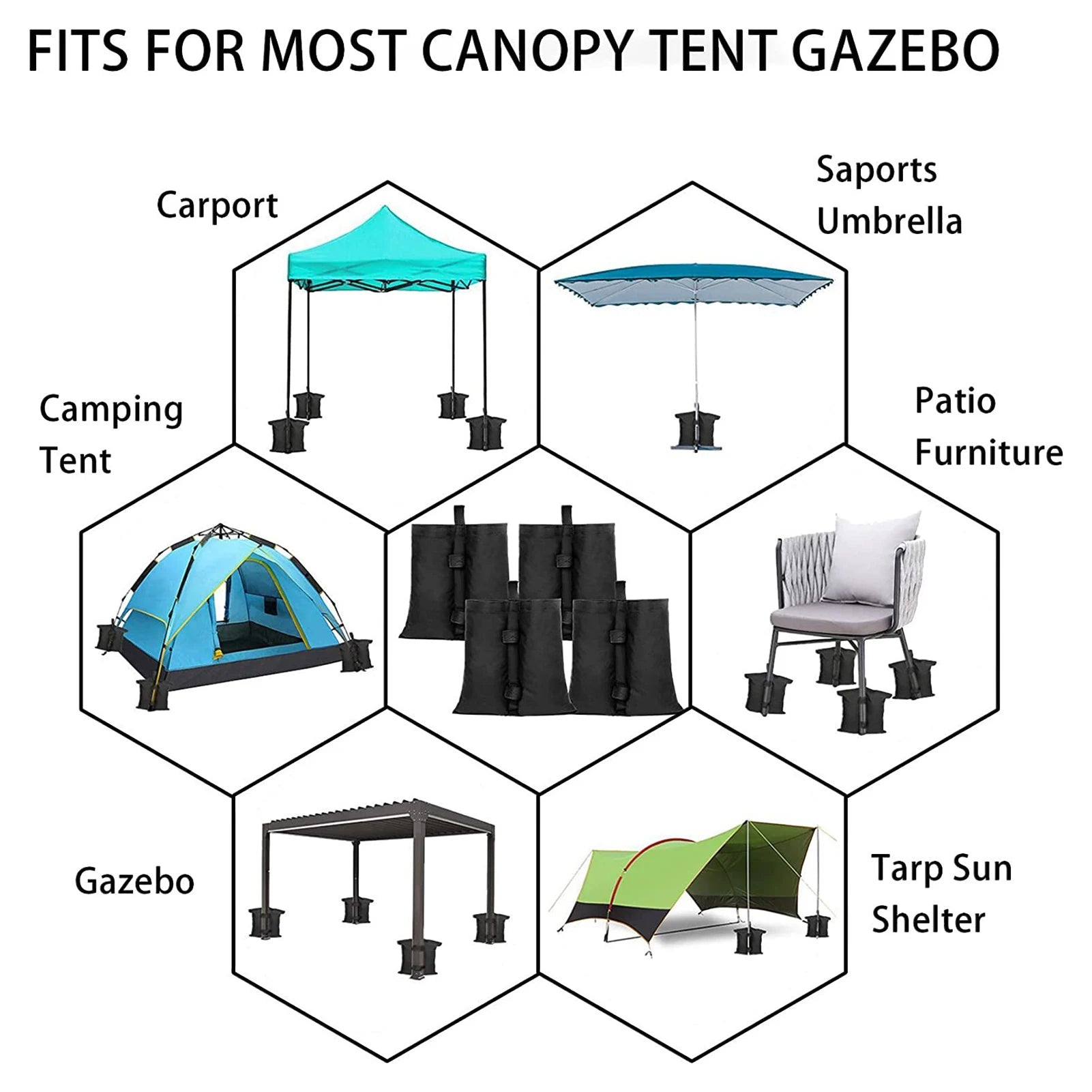 Heavy-Duty Portable Sandbag Weights for Tent Canopy and Patio Umbrella - 1680D Oxford, Black, Set of 4