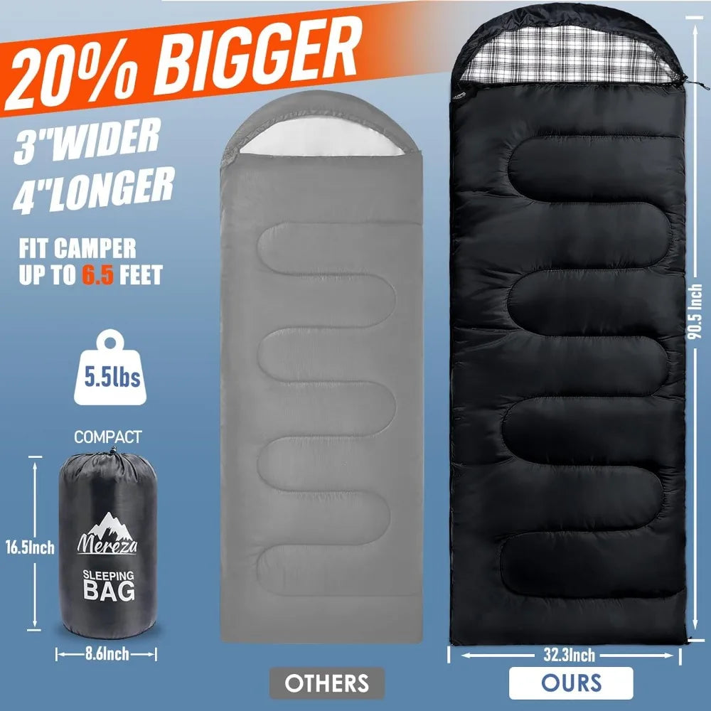 Mereza XL Flannel Camping Sleeping Bag - Waterproof, 90.5"x32.3"