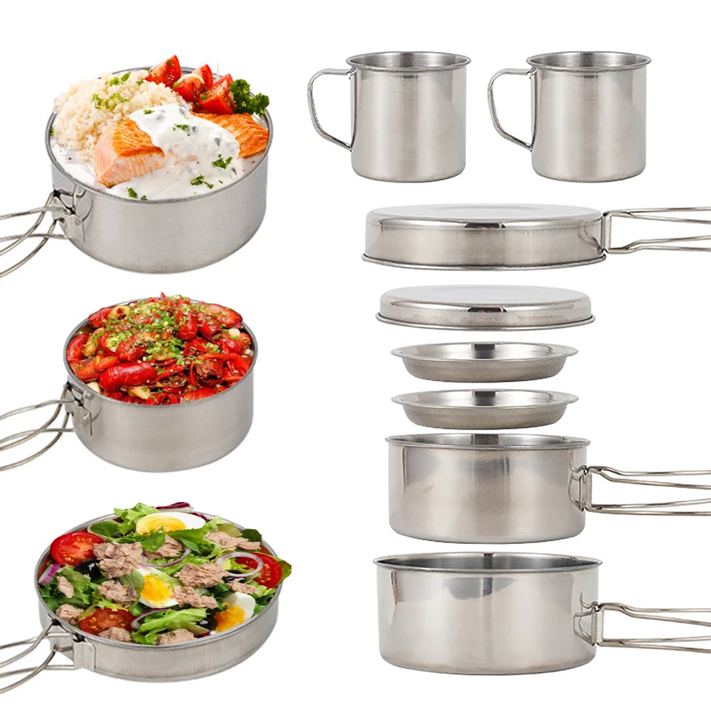 Portable Stainless Steel 8-Piece Camping Cookware Mess Kit - Pots, Pans, Cups & Plates, Foldable Handles, Ideal for 3-4 People