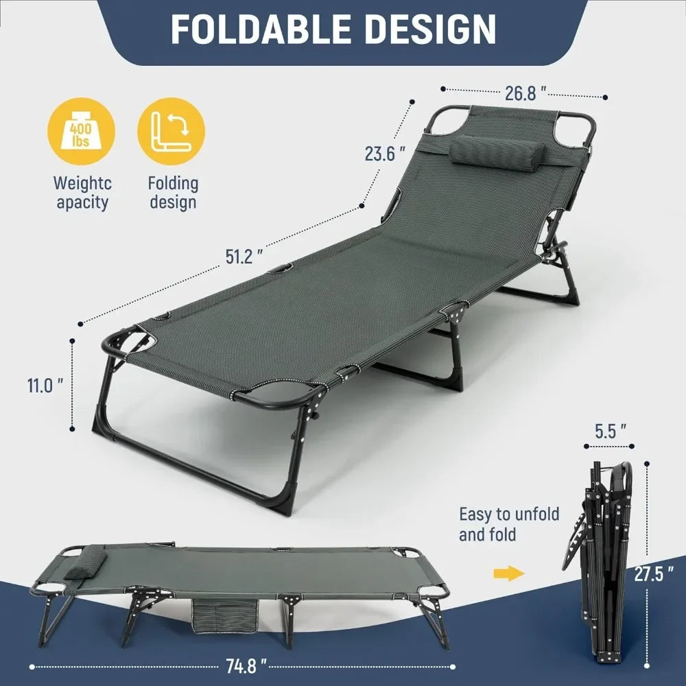 Comfortable Adjustable Camping Cot with Mattress and Pillow | 4-Position Folding Design | 74.8" x 26.8"