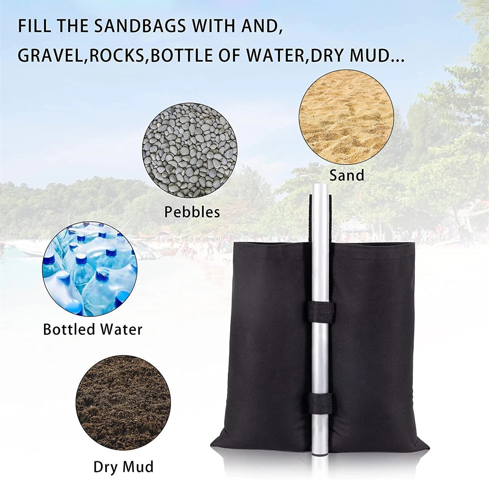 Heavy-Duty Portable Sandbag Weights for Tent Canopy and Patio Umbrella - 1680D Oxford, Black, Set of 4