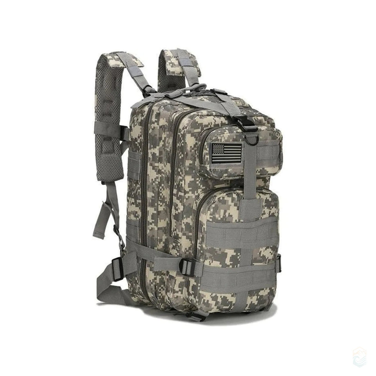 50L ACU gray tactical backpack with digital camo design, featuring multiple gear compartments, adjustable straps, MOLLE webbing, and a front-mounted American flag patch ideal for hiking, trekking, and survival use.