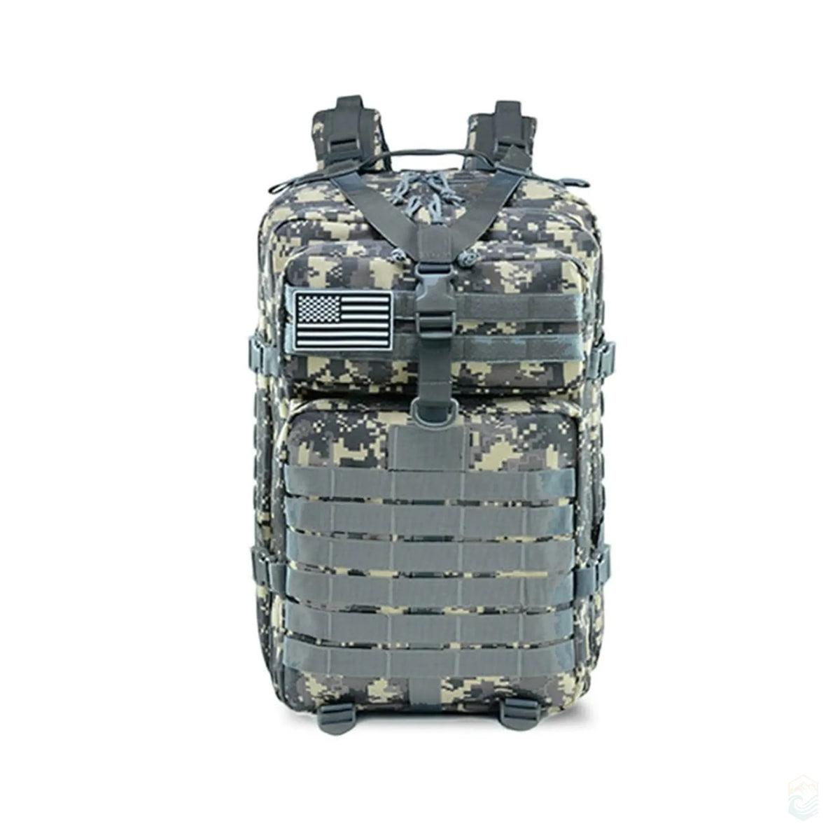 ACU gray 50L tactical hiking backpack with full front view showing MOLLE webbing system, double buckle straps, American flag patch, and heavy-duty zippers for rugged outdoor use.
