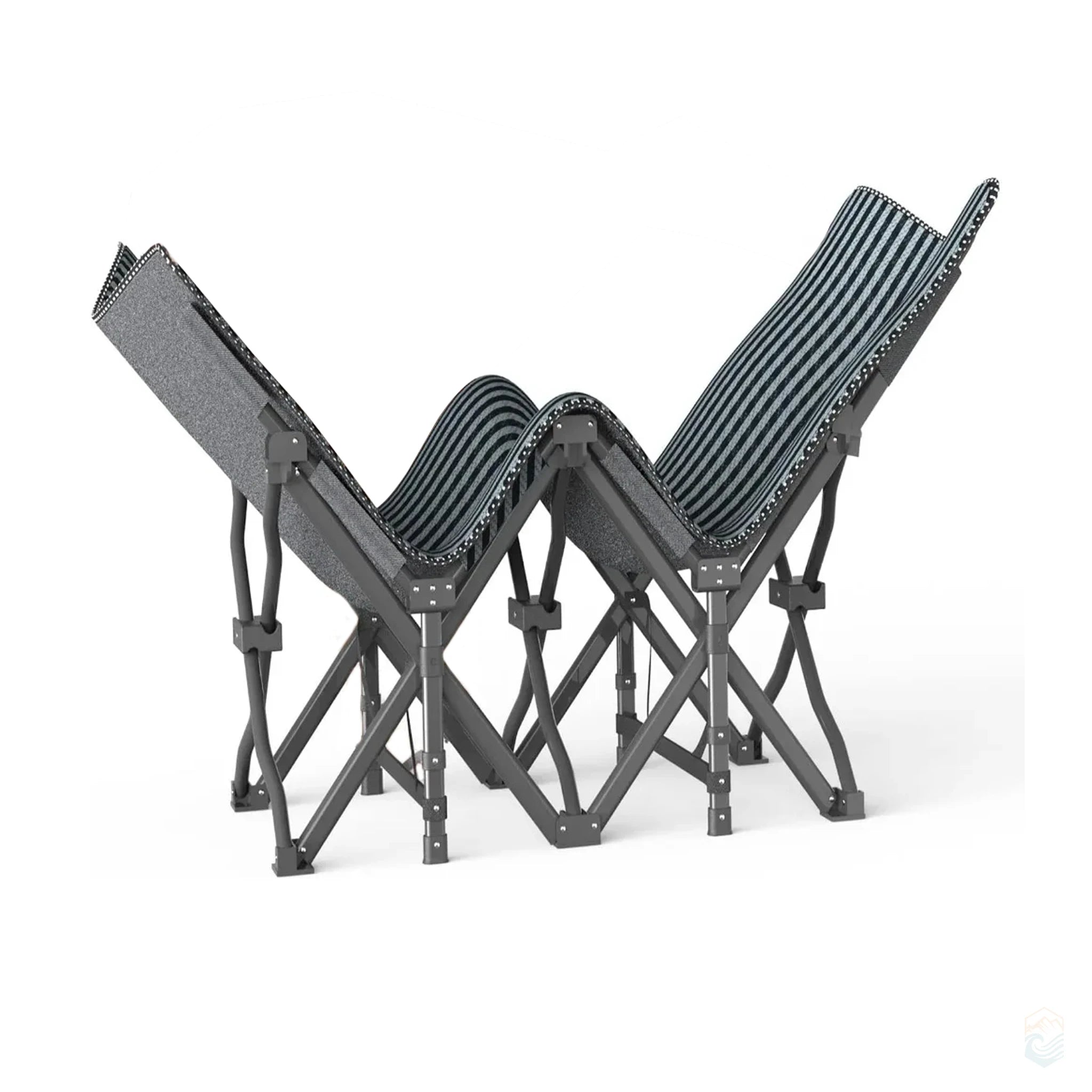 Adjustable folding camping cot in black striped design shown in reclined and raised positions with durable metal frame