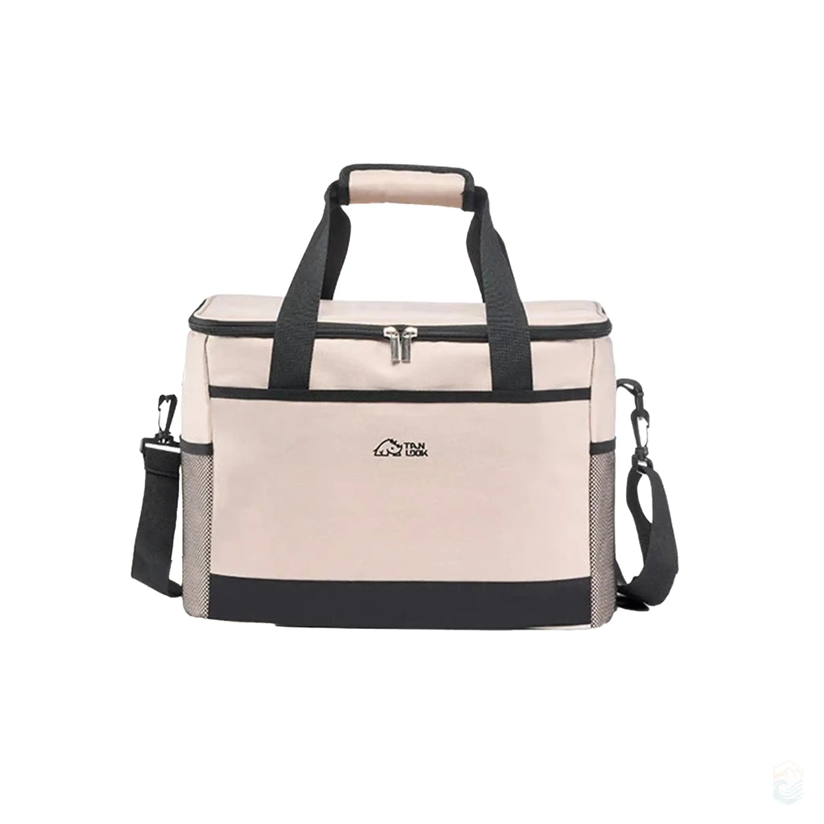 Large beige outdoor insulated bag made of 600D Oxford cloth, featuring a spacious interior, zipper closure, and adjustable shoulder strap, designed to keep contents cold for up to 12 hours, perfect for camping, picnics, and travel.
