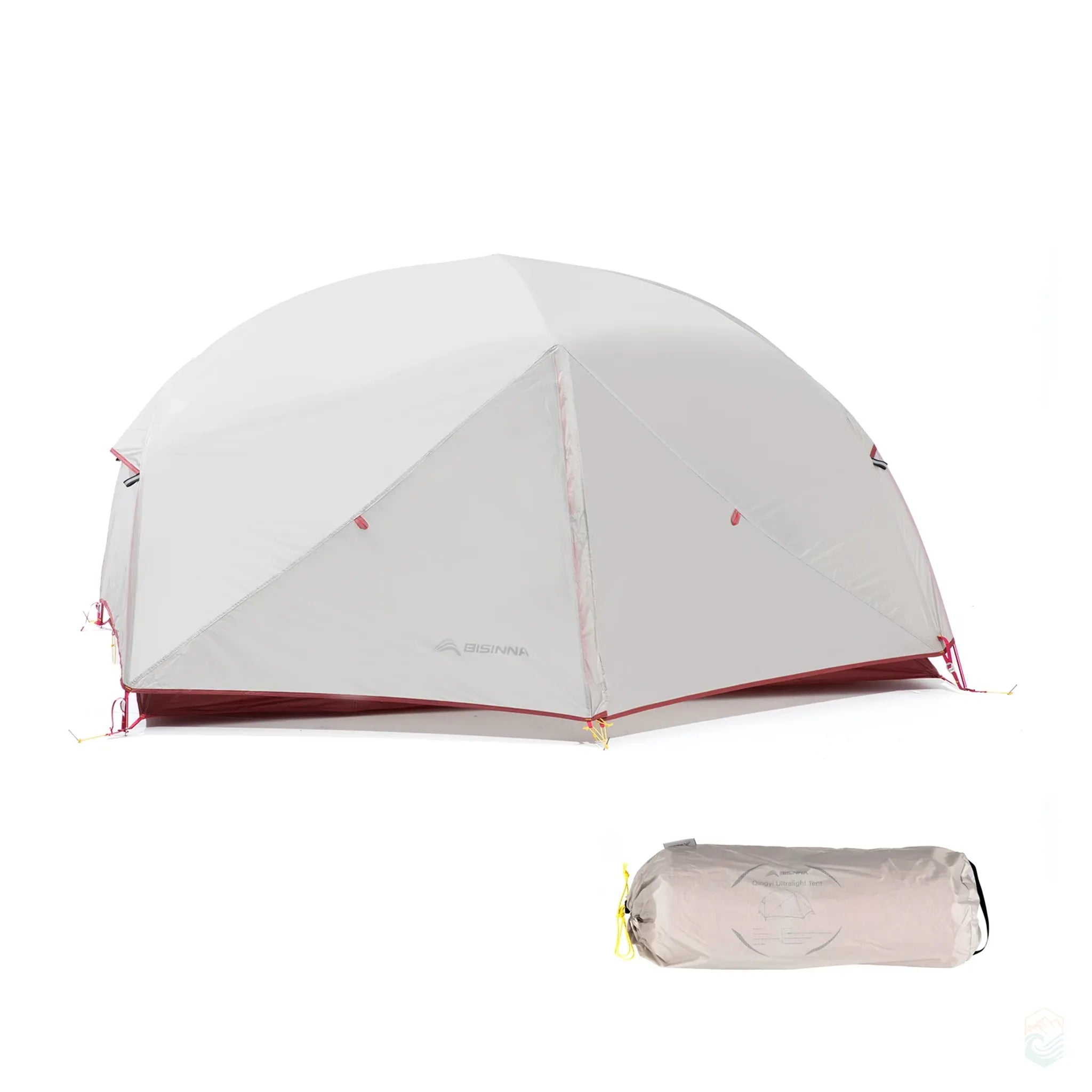 Gray BISINNA 2-person camping tent with red accents, fully set up alongside its matching compact storage bag, suitable for backpacking