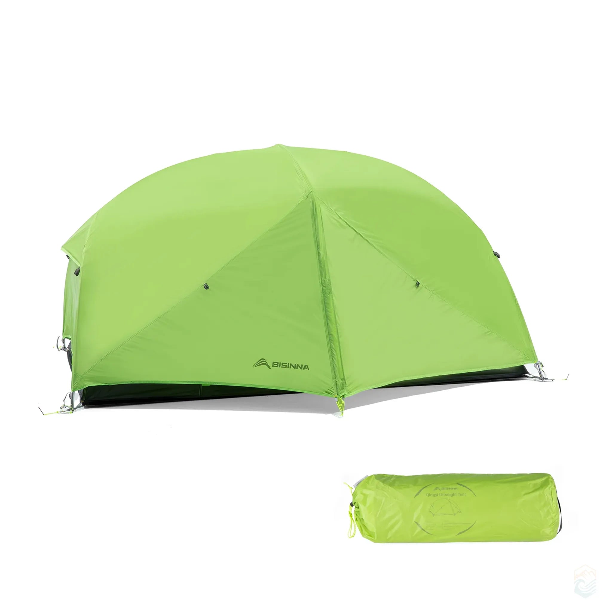 Green BISINNA 2-person camping tent fully set up with rainfly and shown alongside its compact packed storage bag, ideal for backpacking