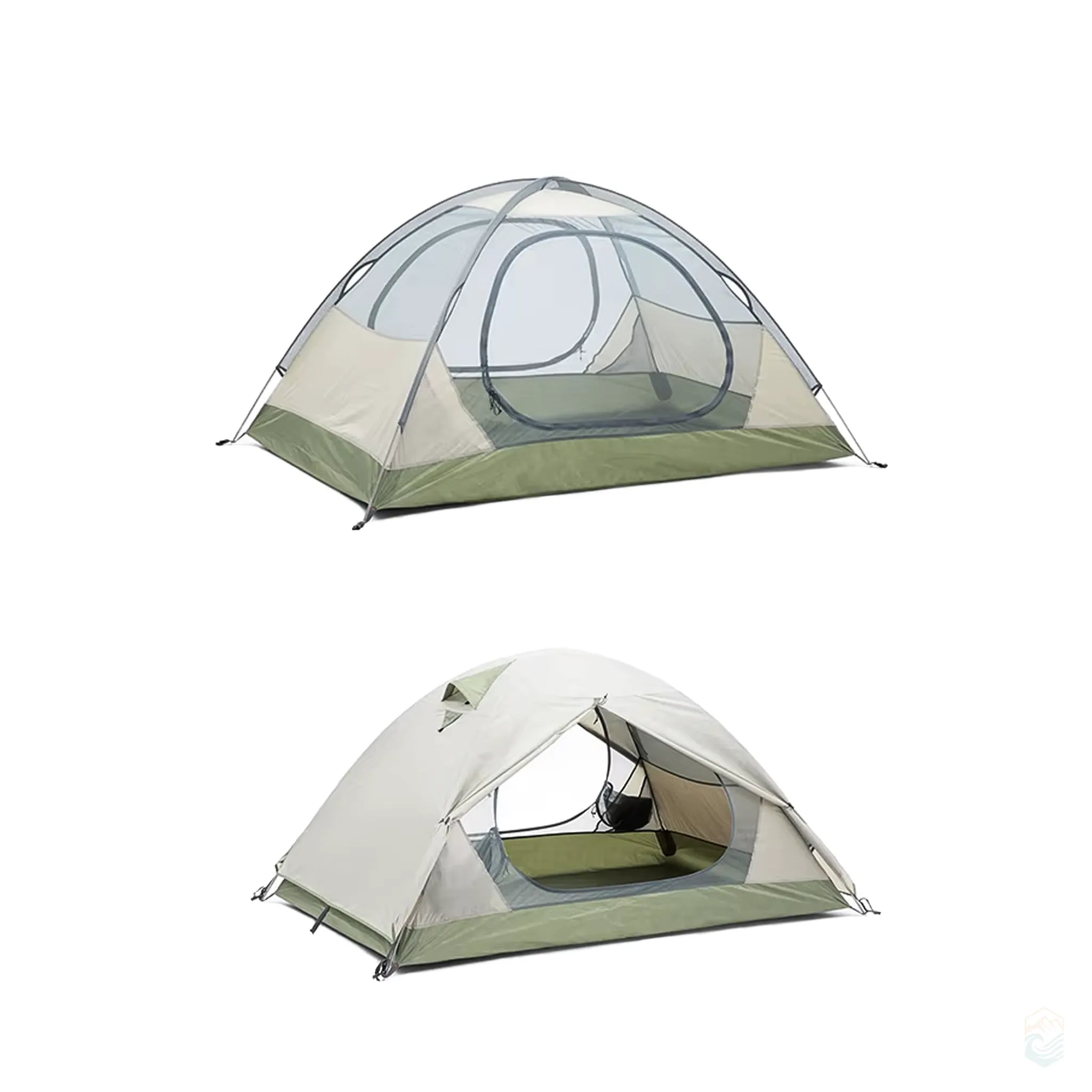 Interior and exterior views of the Bisinna 2-person camping tent showing mesh inner layer and ventilated rainfly, ideal for lightweight hiking and backpacking trips