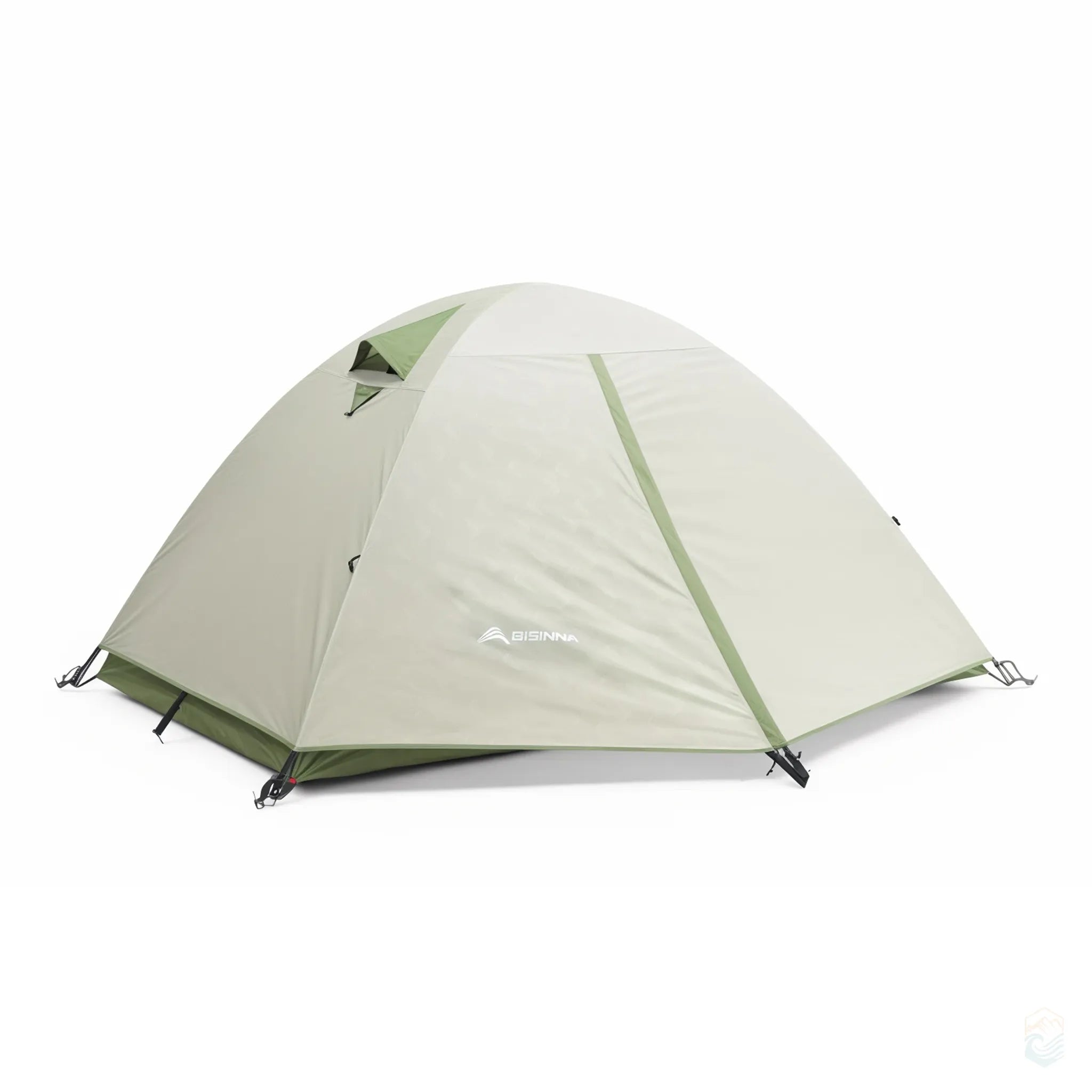 Bisinna ultralight 2-person green camping tent with double-layer waterproof construction, shown fully set up on a white background for product display