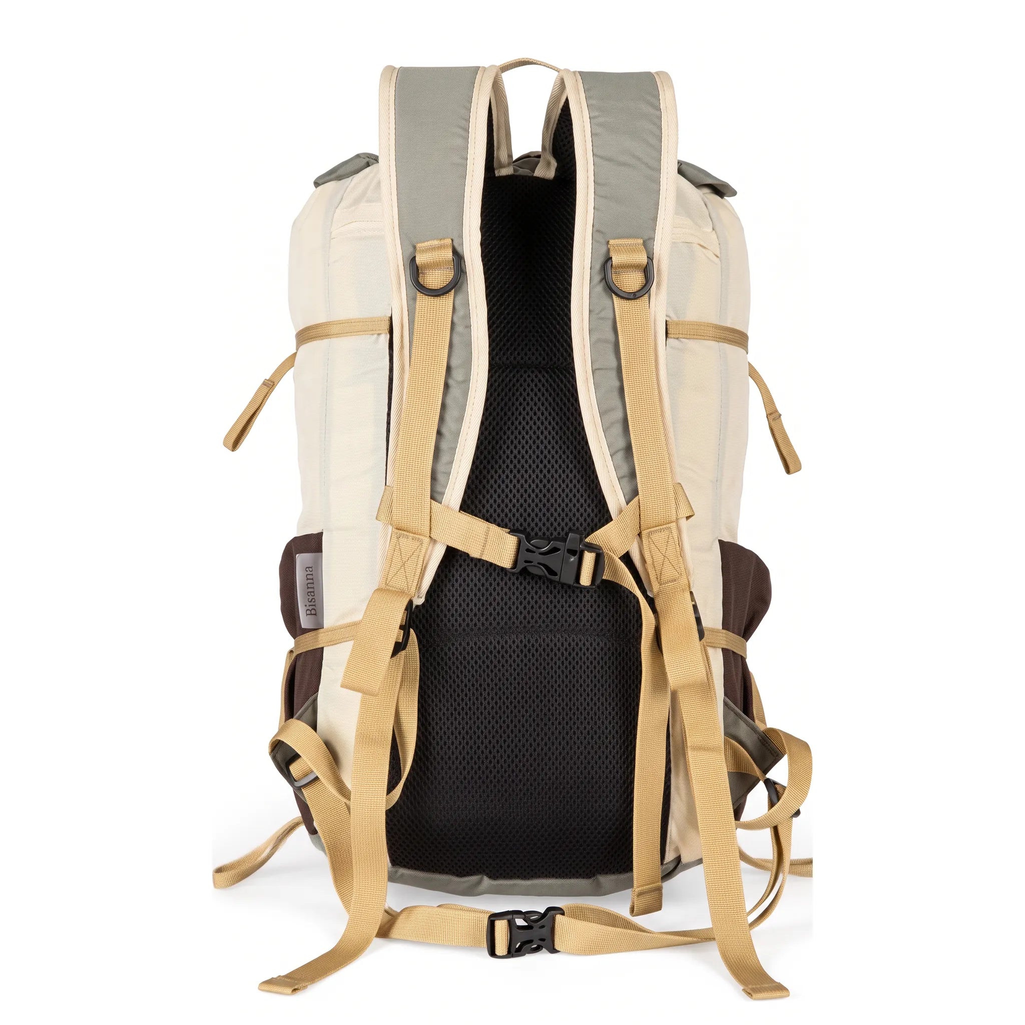 Back view of BISINNA 22L gray and brown hiking backpack with breathable mesh back panel, padded shoulder straps, chest strap, and adjustable waist strap.