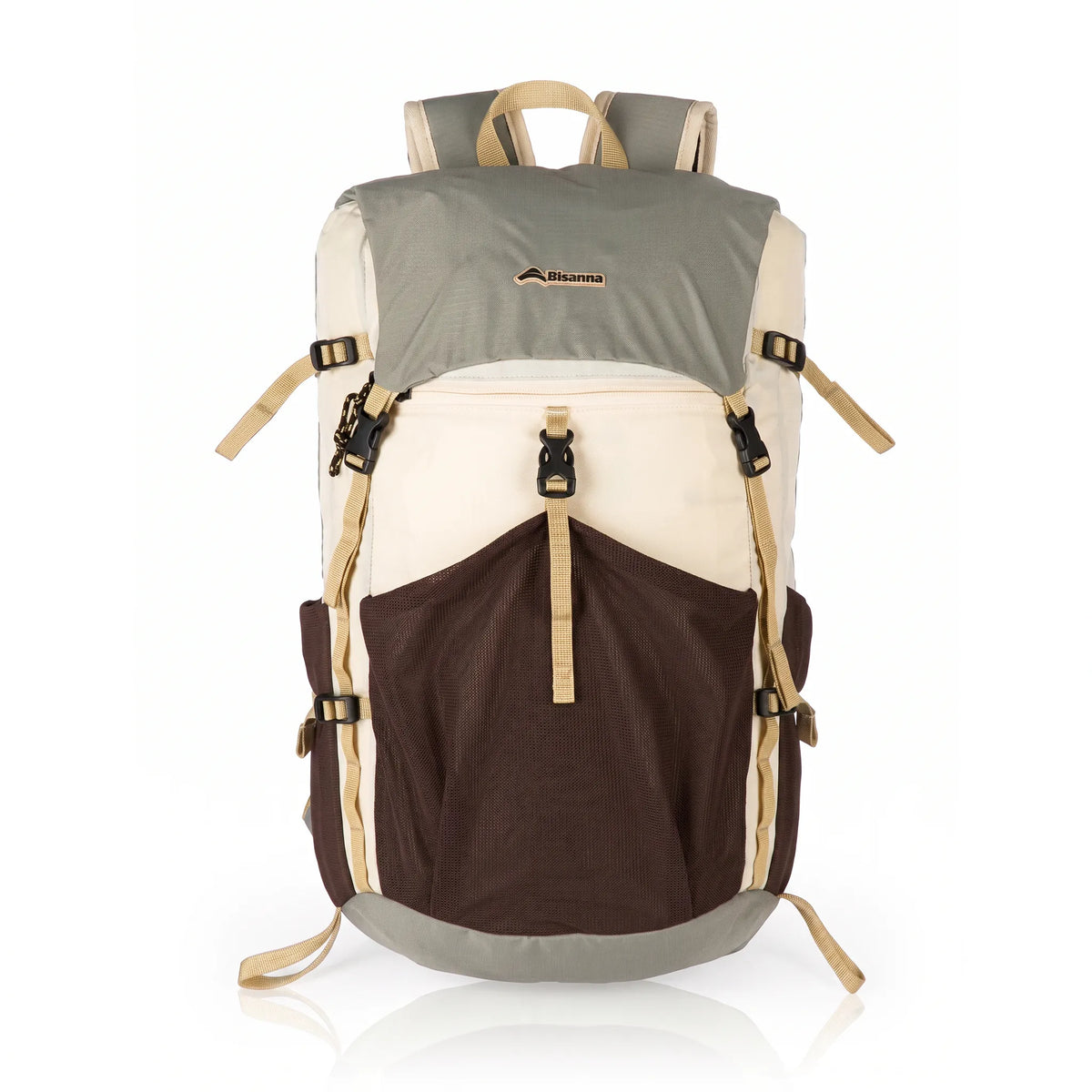 Front view of BISINNA 22L gray and brown ultralight hiking backpack with large mesh pocket, compression straps, and adjustable shoulder straps.