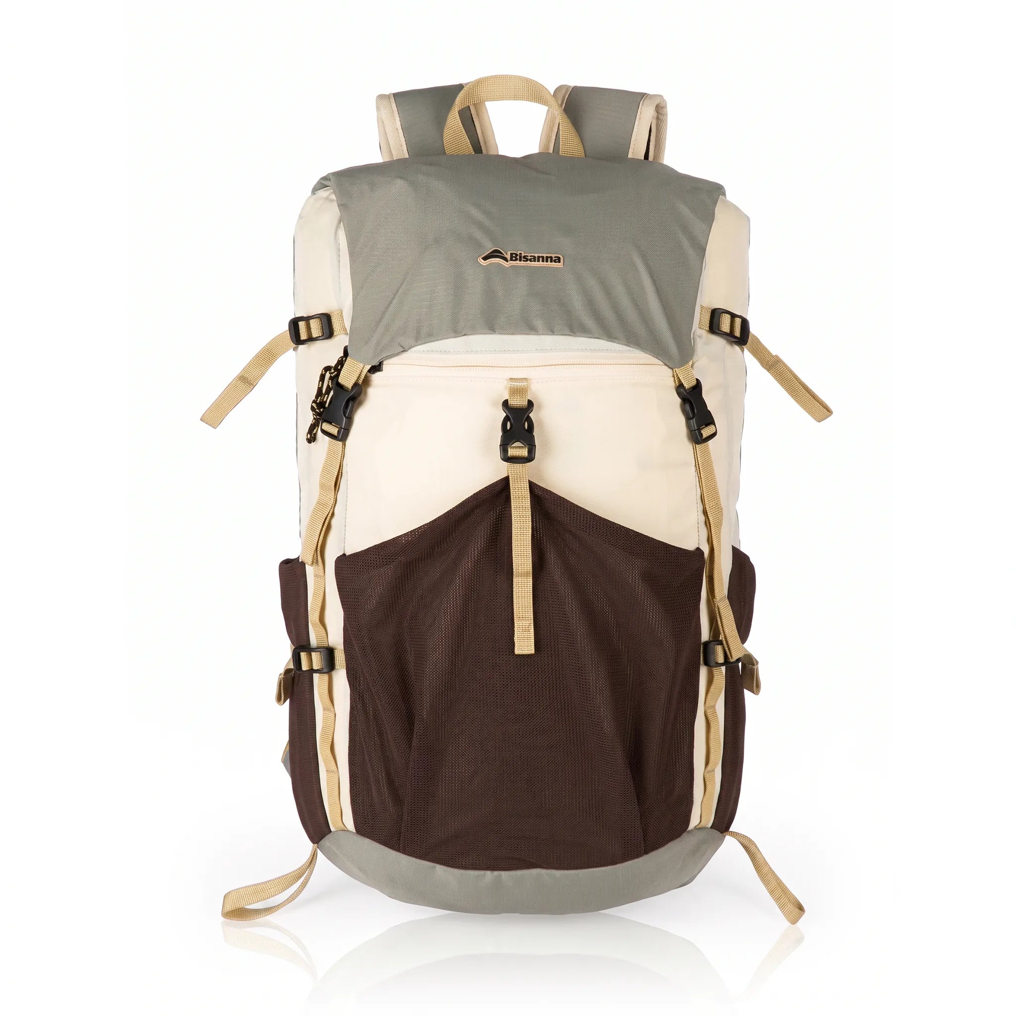 Front view of BISINNA 22L gray and brown ultralight hiking backpack with large mesh pocket, compression straps, and adjustable shoulder straps.