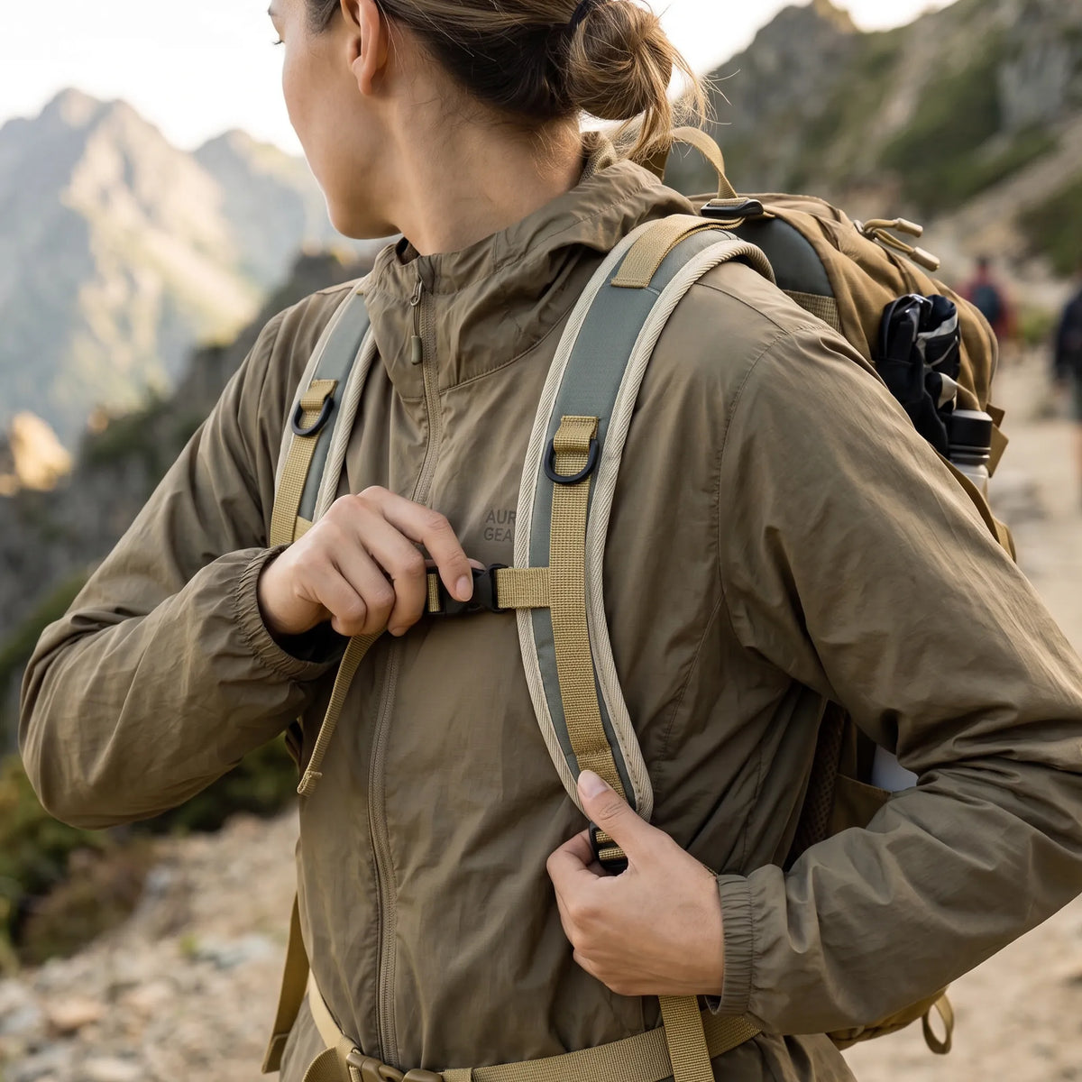 Woman adjusting the chest strap of a BISINNA 22L hiking backpack while hiking on a mountain trail.