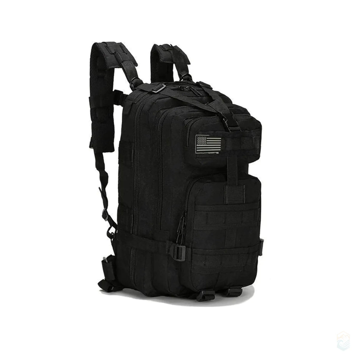 Black 30L tactical backpack with military-style design featuring MOLLE webbing, dual zip compartments, adjustable shoulder straps, and American flag patch on the front pocket.