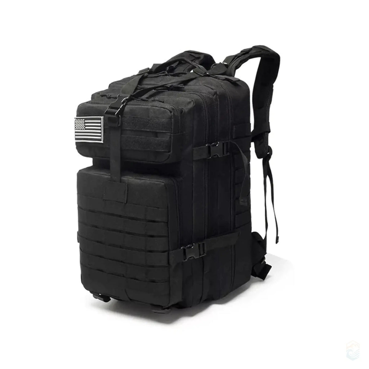 Black 50L tactical waterproof backpack made from durable 1000D nylon, featuring MOLLE webbing, multiple compartments, compression straps, and padded shoulder support. Ideal for hiking, trekking, and military-style outdoor activities.