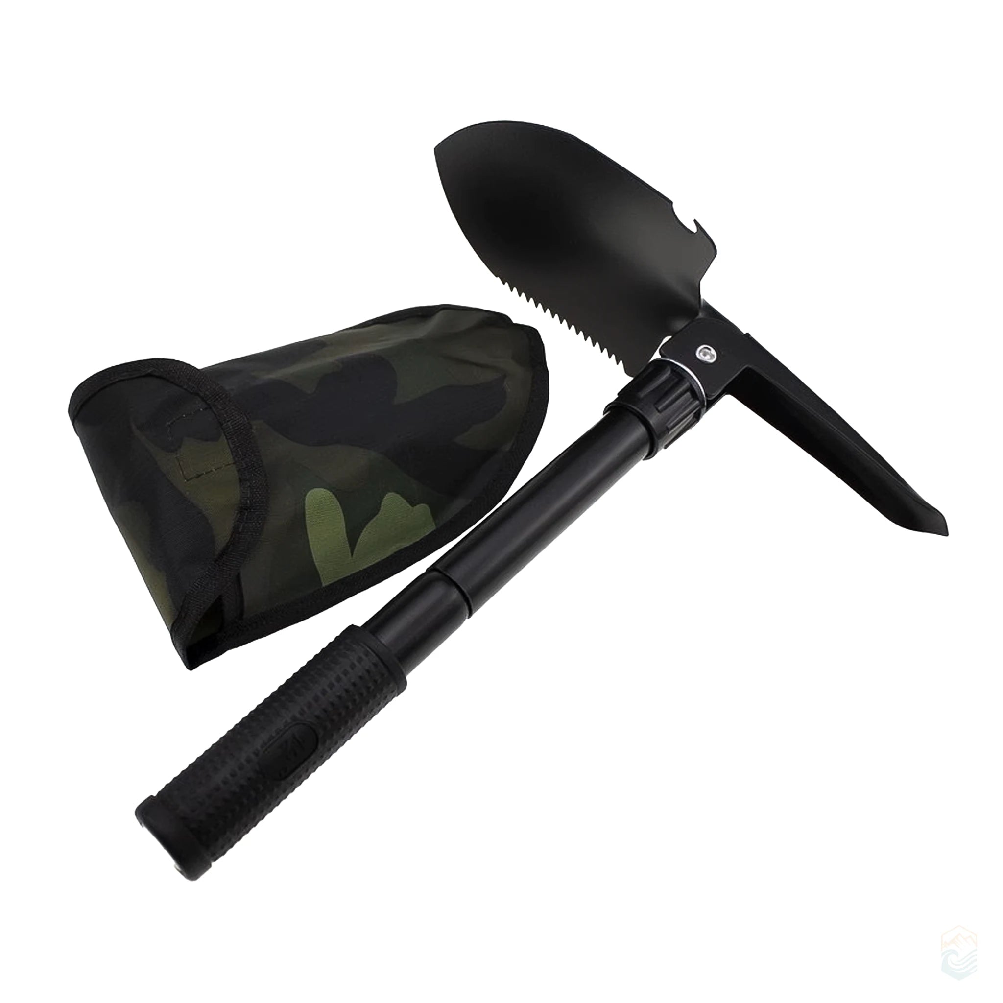 Black tactical folding survival shovel with sharp-edged blade, integrated pickaxe, and camouflage pouch, designed for rugged outdoor digging and emergency preparedness