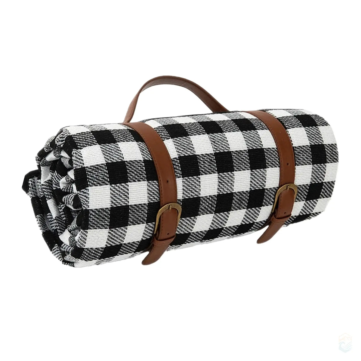 Black checkered picnic blanket rolled up with brown leather straps, featuring a classic and robust design perfect for outdoor events and camping trips.