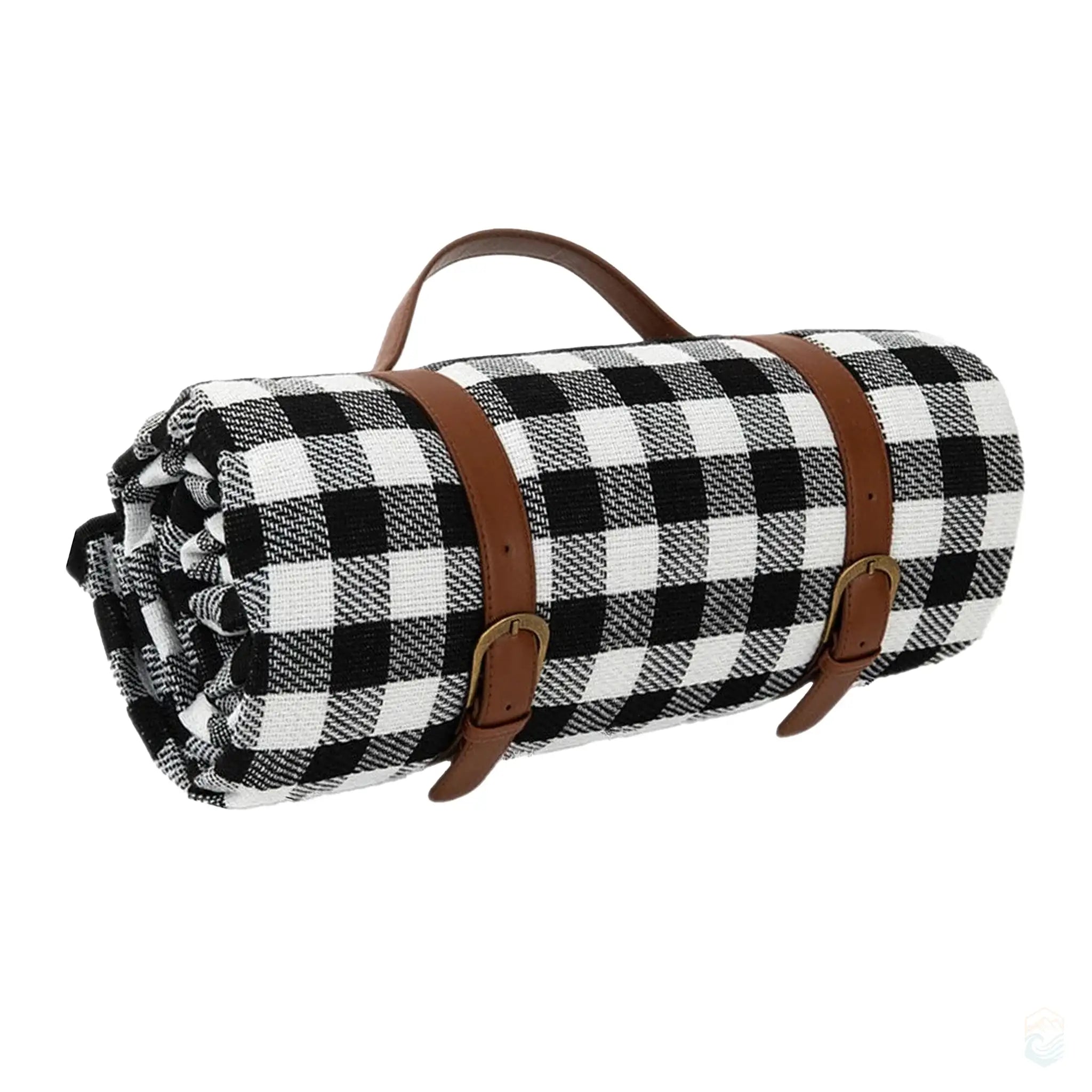 Black checkered picnic blanket rolled up with brown leather straps, featuring a classic and robust design perfect for outdoor events and camping trips.