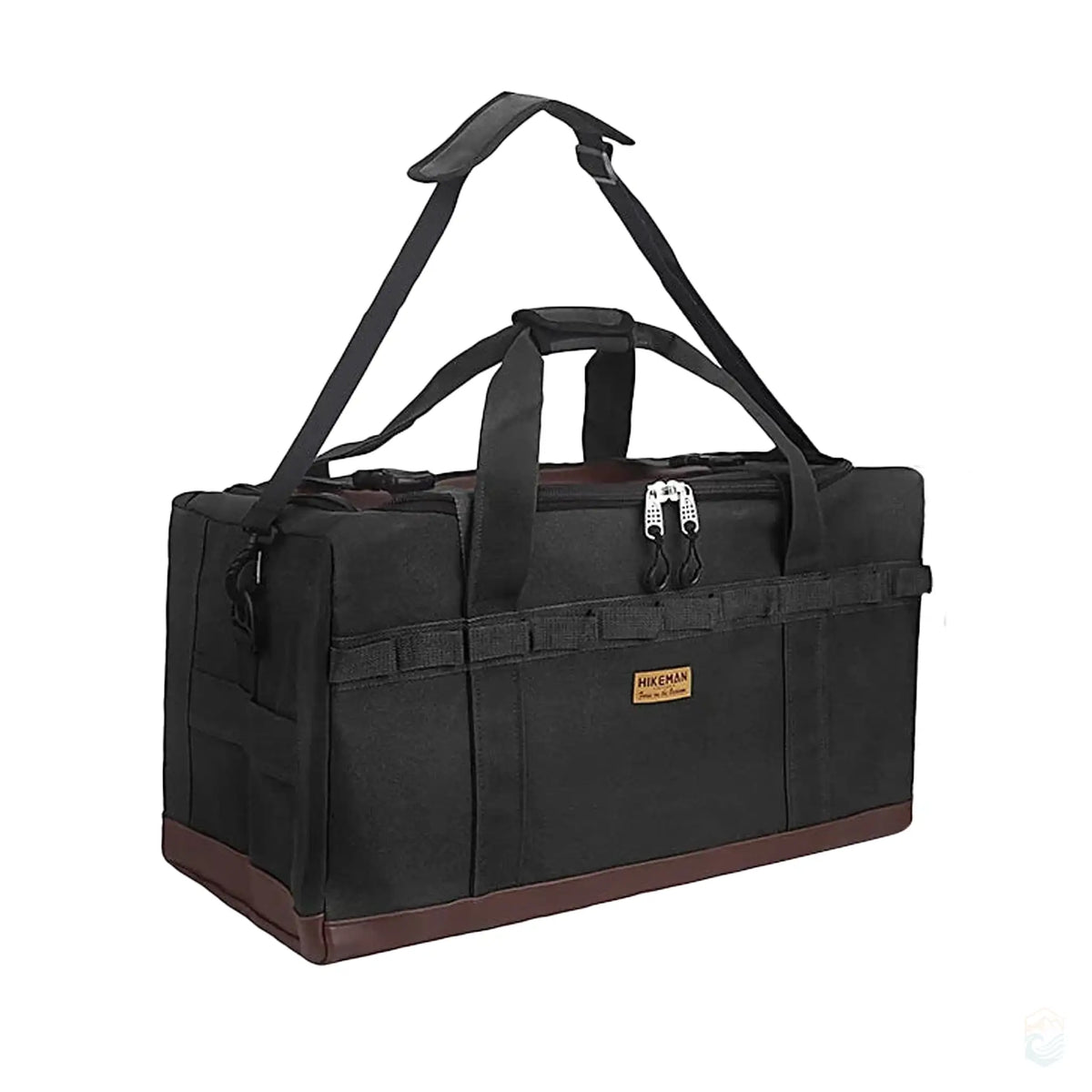 Black Hikeman 120L large camping storage bag featuring a rugged design with reinforced handles, ample storage capacity, and a durable shoulder strap.