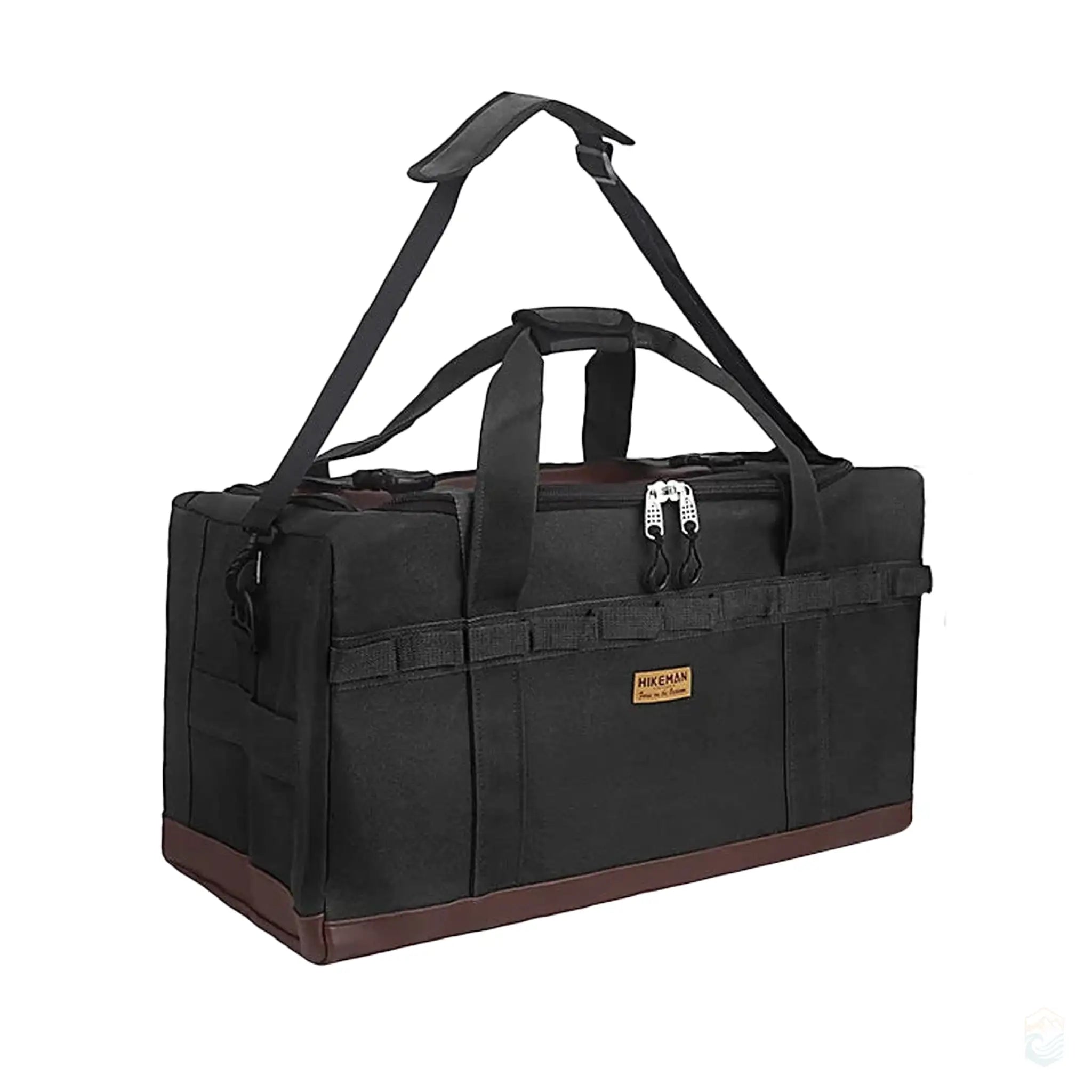 Black Hikeman 120L large camping storage bag featuring a rugged design with reinforced handles, ample storage capacity, and a durable shoulder strap.