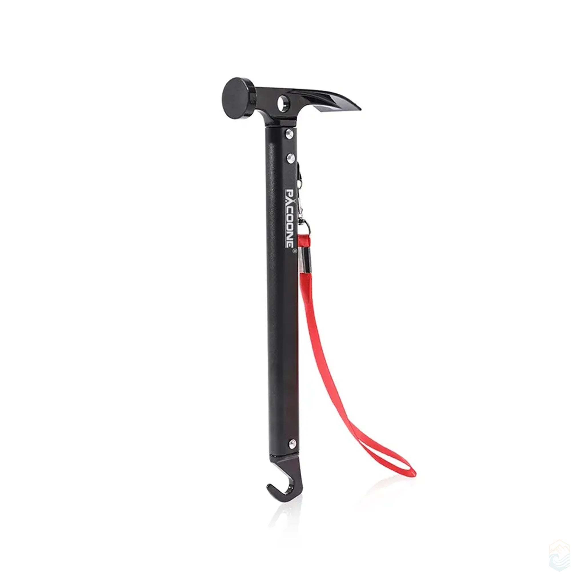 Black Pacoone camping hammer tool with high-strength metal head, compact stake puller at the base, and a red lanyard for easy carrying and control during setup