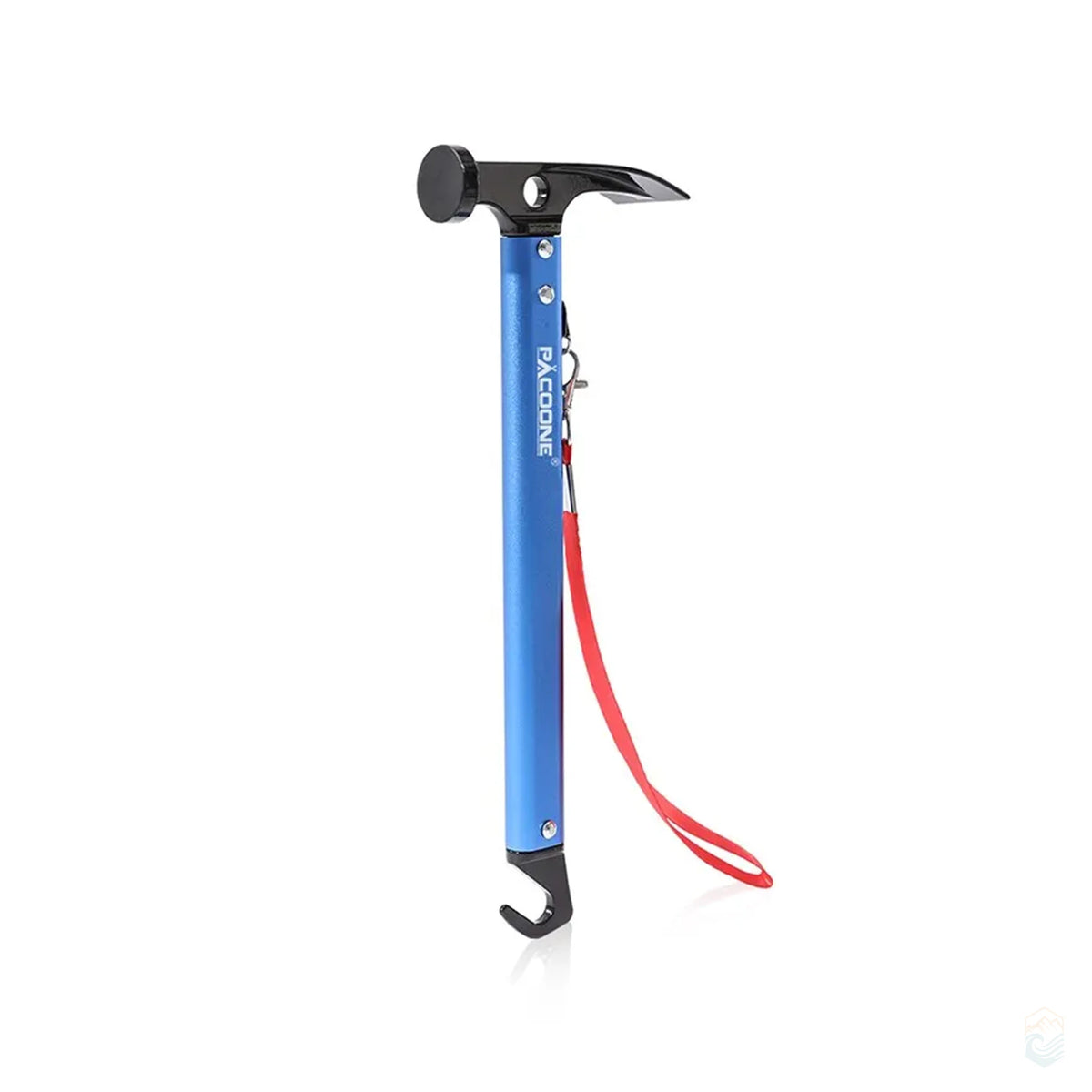 Blue Pacoone camping hammer multi-tool with black steel head, tent hook base, and red wrist strap, designed for outdoor setup and stake removal
