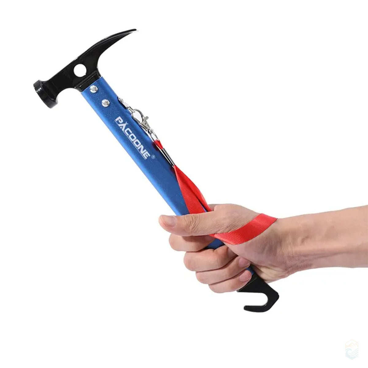 Blue Pacoone camping multi-tool hammer shown in hand, highlighting ergonomic grip, red safety strap, and curved tent stake remover for outdoor use