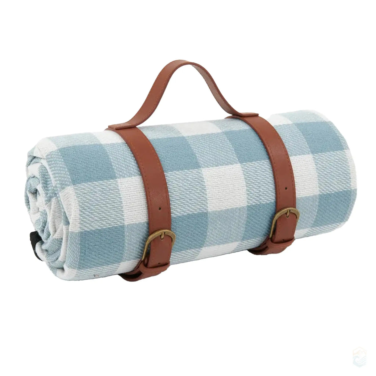 Blue checkered picnic blanket rolled up with tan leather straps, highlighting a stylish and durable design perfect for outdoor picnics and beach outings.