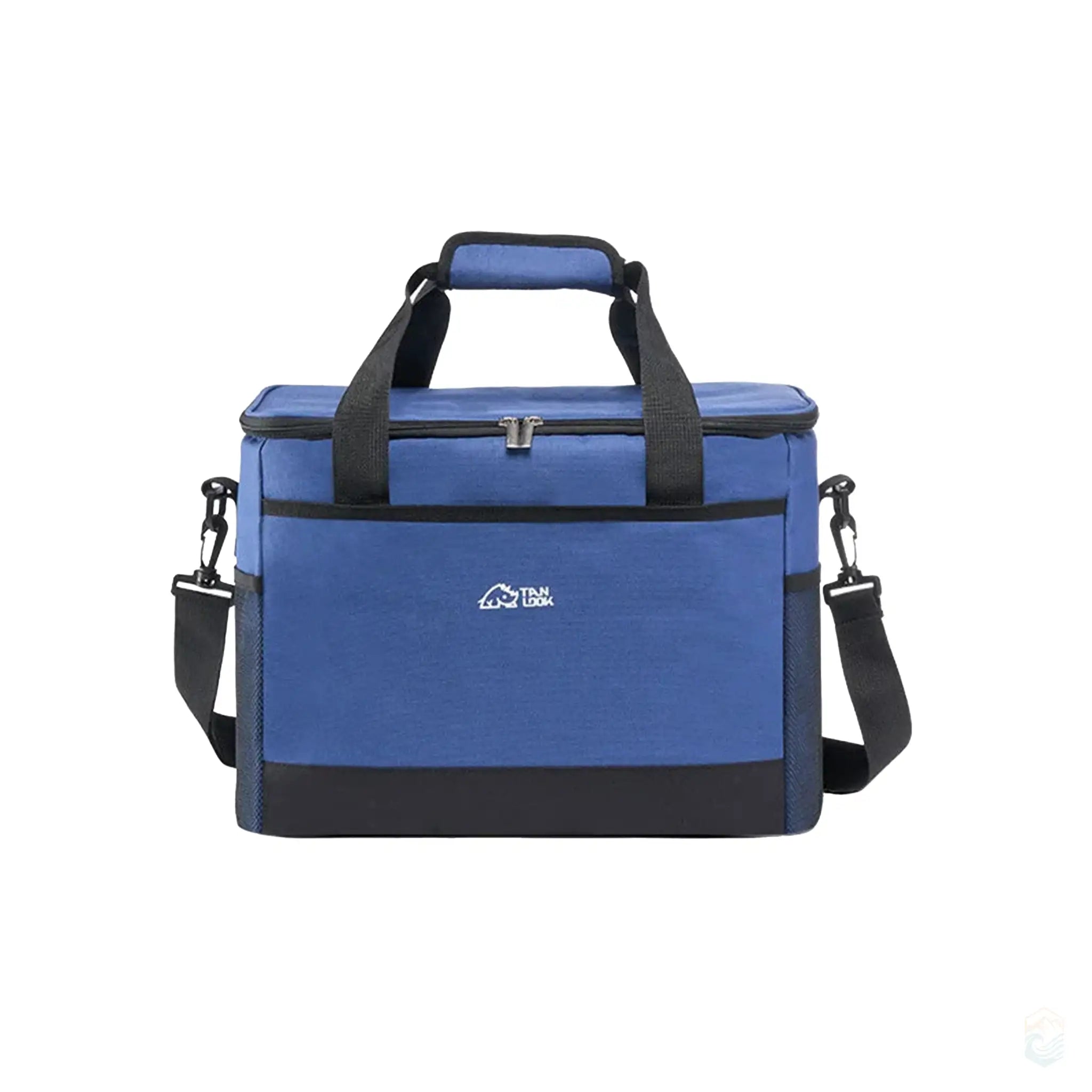 Large blue outdoor insulated bag with durable 600D Oxford cloth, featuring a secure zipper closure, adjustable shoulder strap, and excellent insulation, keeping contents cold for up to 12 hours, ideal for outdoor adventures and picnics.