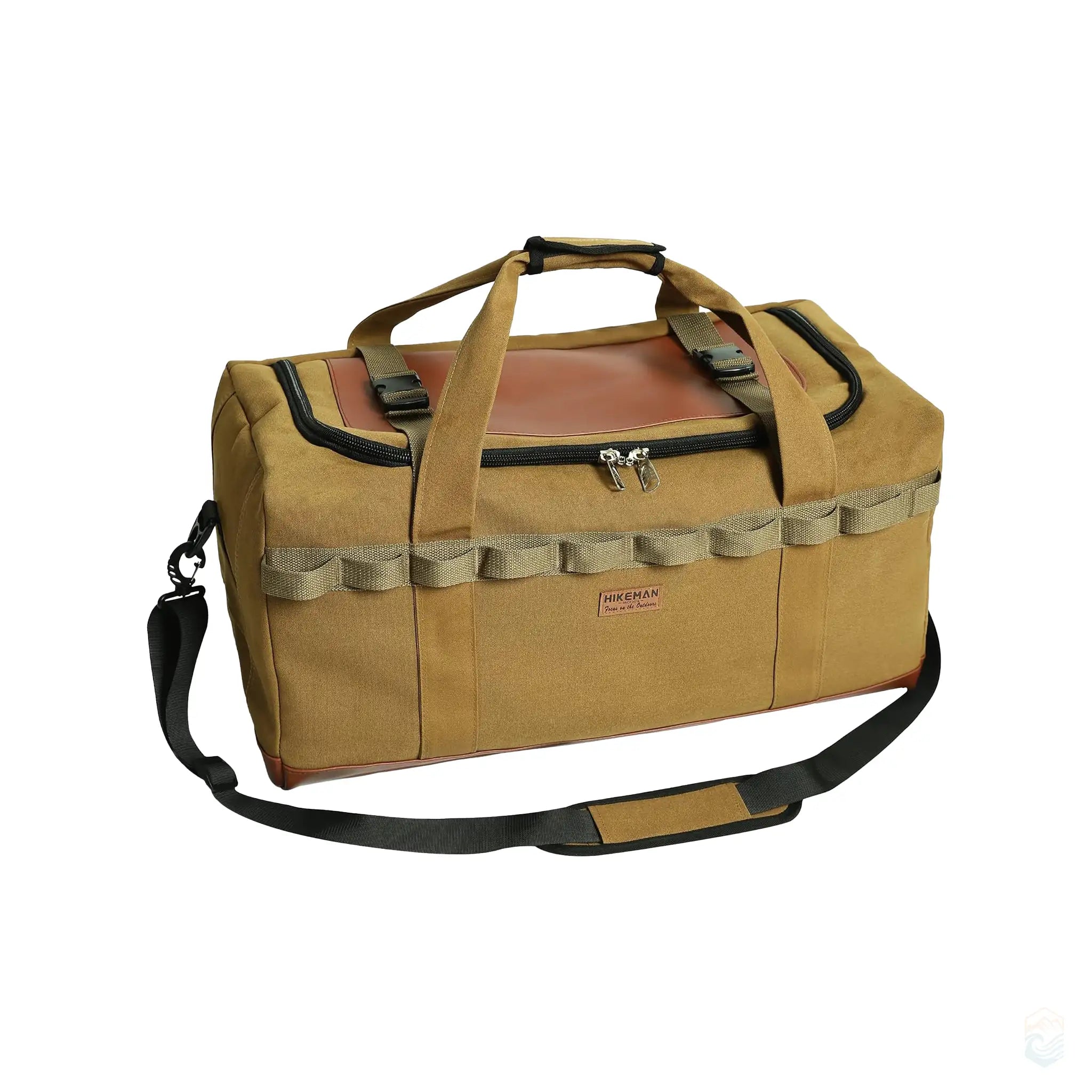 Brown Hikeman 120L large camping storage bag, shown with included accessories like carabiners and straps. The bag features durable construction with reinforced handles and ample storage space.