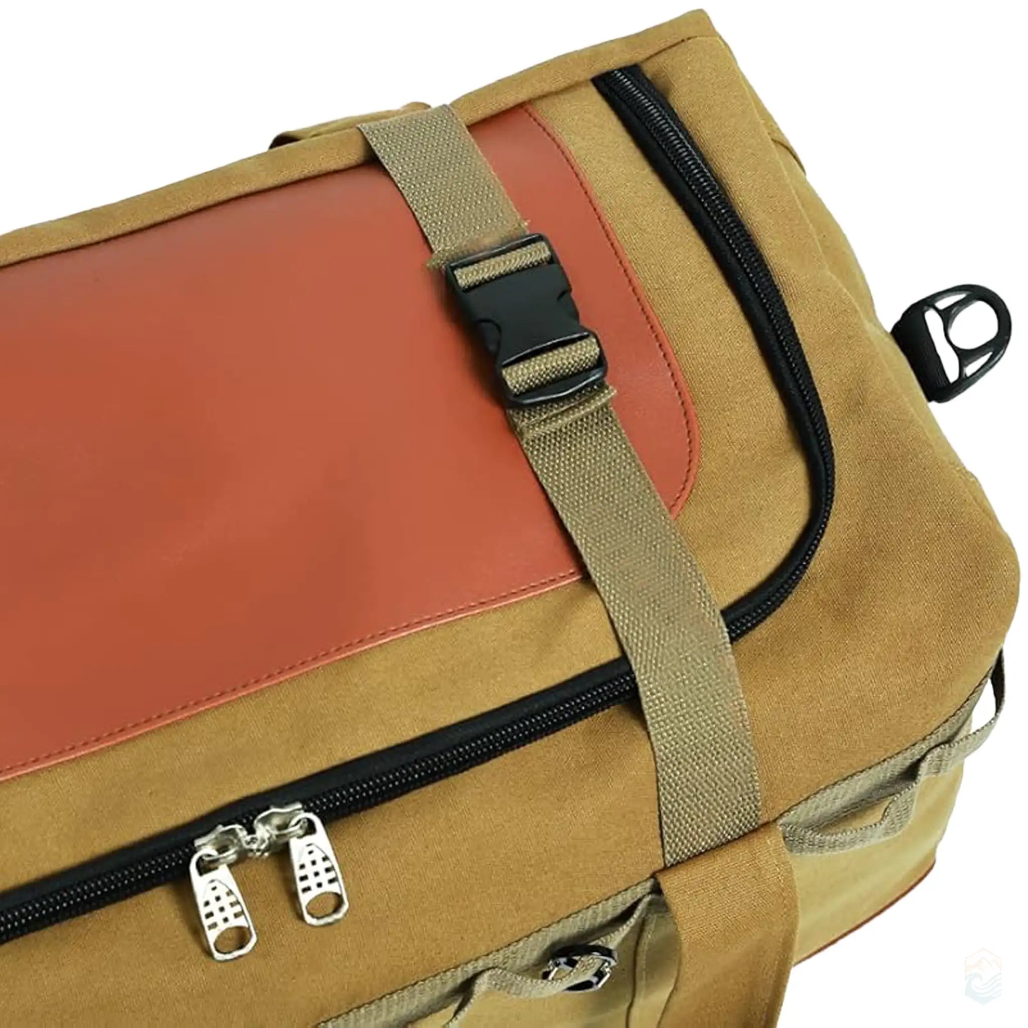 Detail image of the brown Hikeman 120L large camping storage bag, highlighting its secure buckle design and durable material.