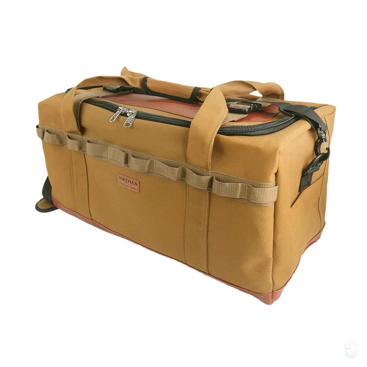 Brown Hikeman 120L large camping storage bag, showcasing its durable construction, reinforced handles, and practical design. Ideal for carrying and organizing camping gear and outdoor essentials.