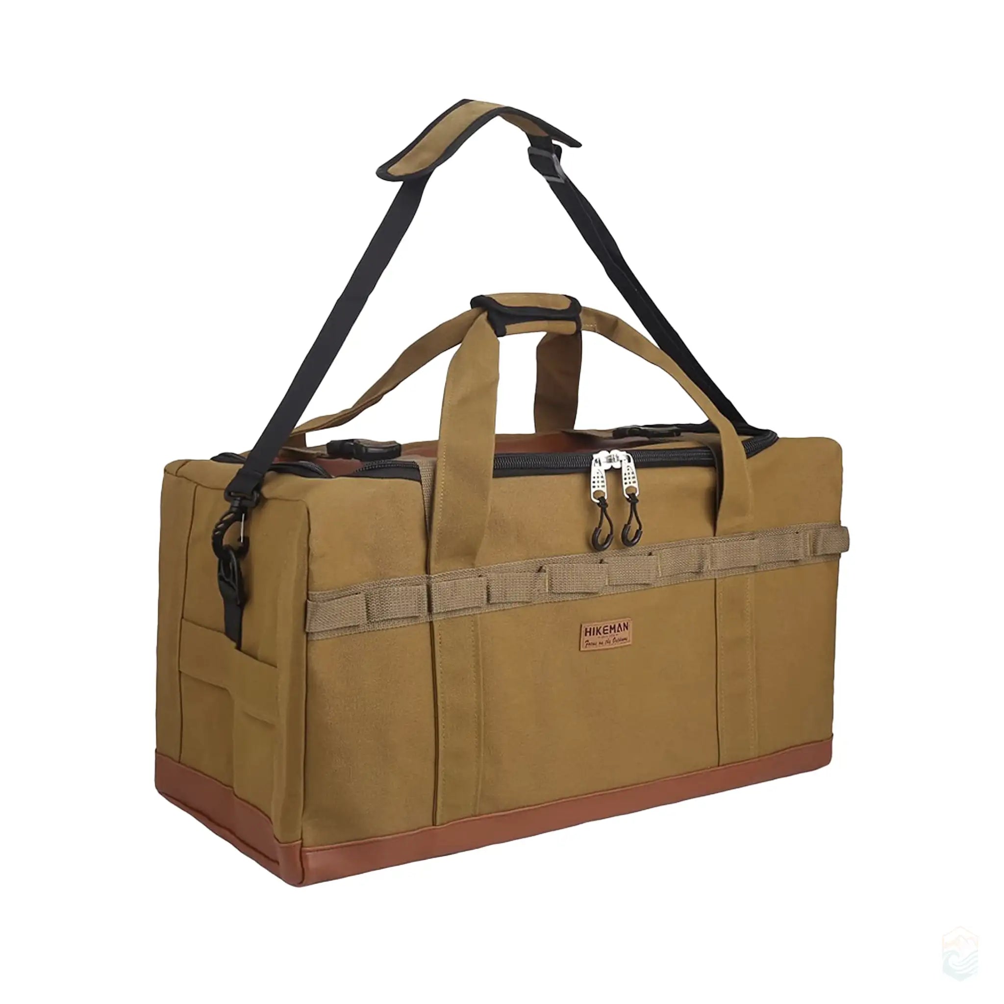Brown Hikeman 120L large camping storage bag featuring durable construction with reinforced handles, multiple pockets, and a sturdy shoulder strap.