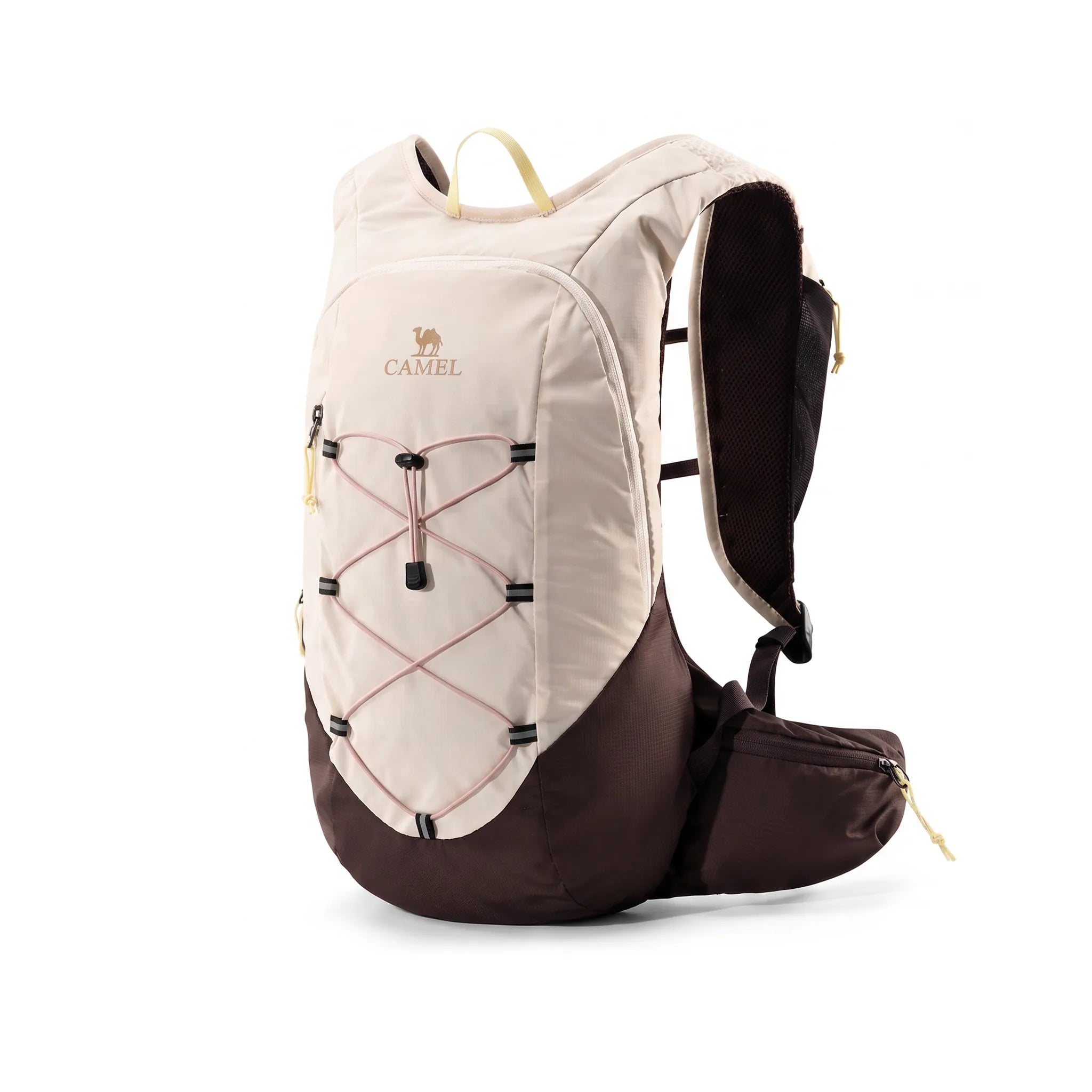 Brown Camel 20L lightweight hiking backpack with front bungee storage, padded shoulder straps, and waist support.