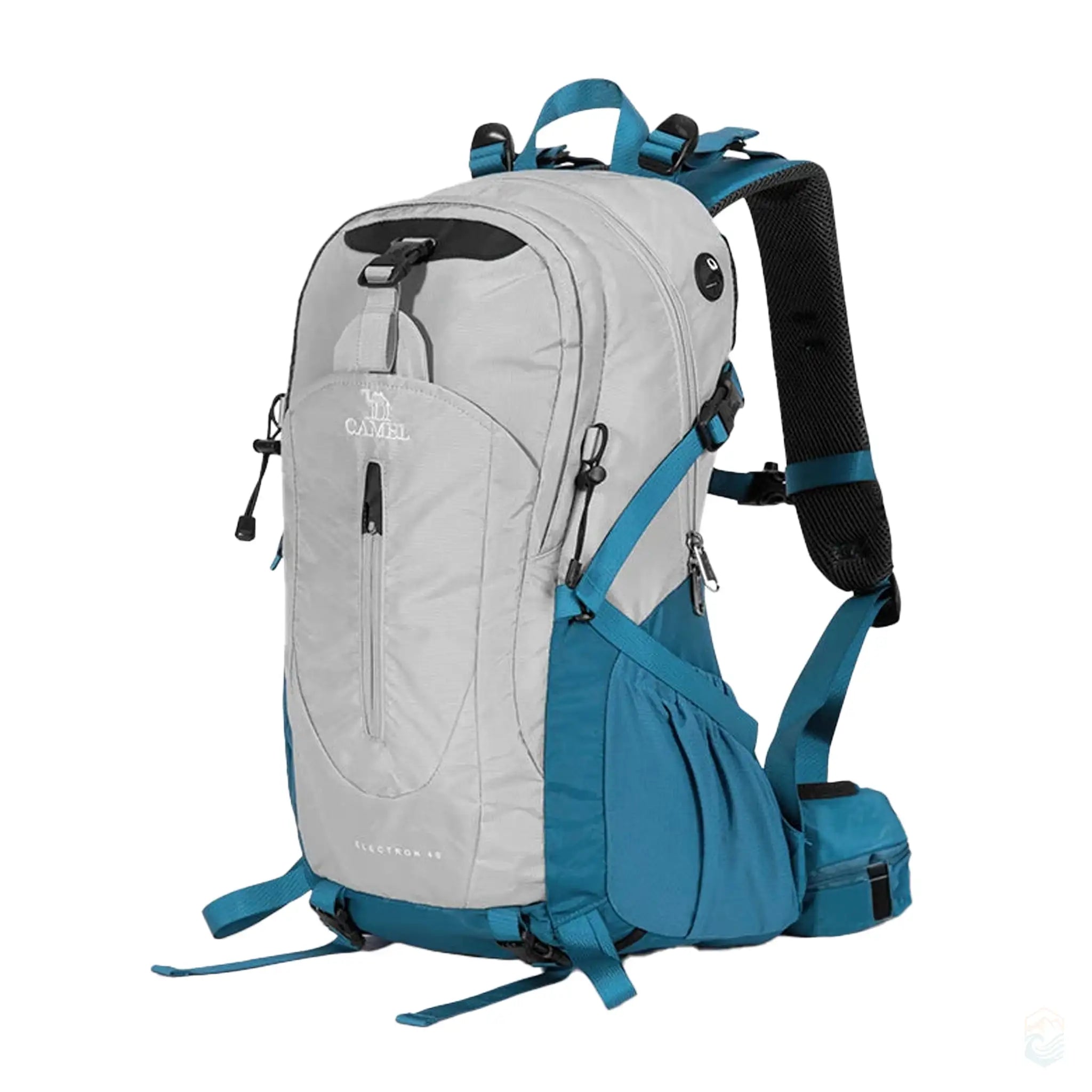 Aqua gray Camel 40L waterproof hiking backpack with teal accents, featuring padded shoulder straps, secure buckles, and multiple storage compartments, perfect for outdoor excursions.