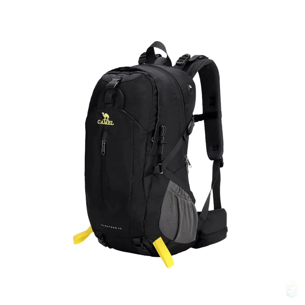 Black Camel 40L waterproof hiking backpack with multiple compartments, ergonomic straps, and adjustable buckles for secure fit, perfect for outdoor adventures.