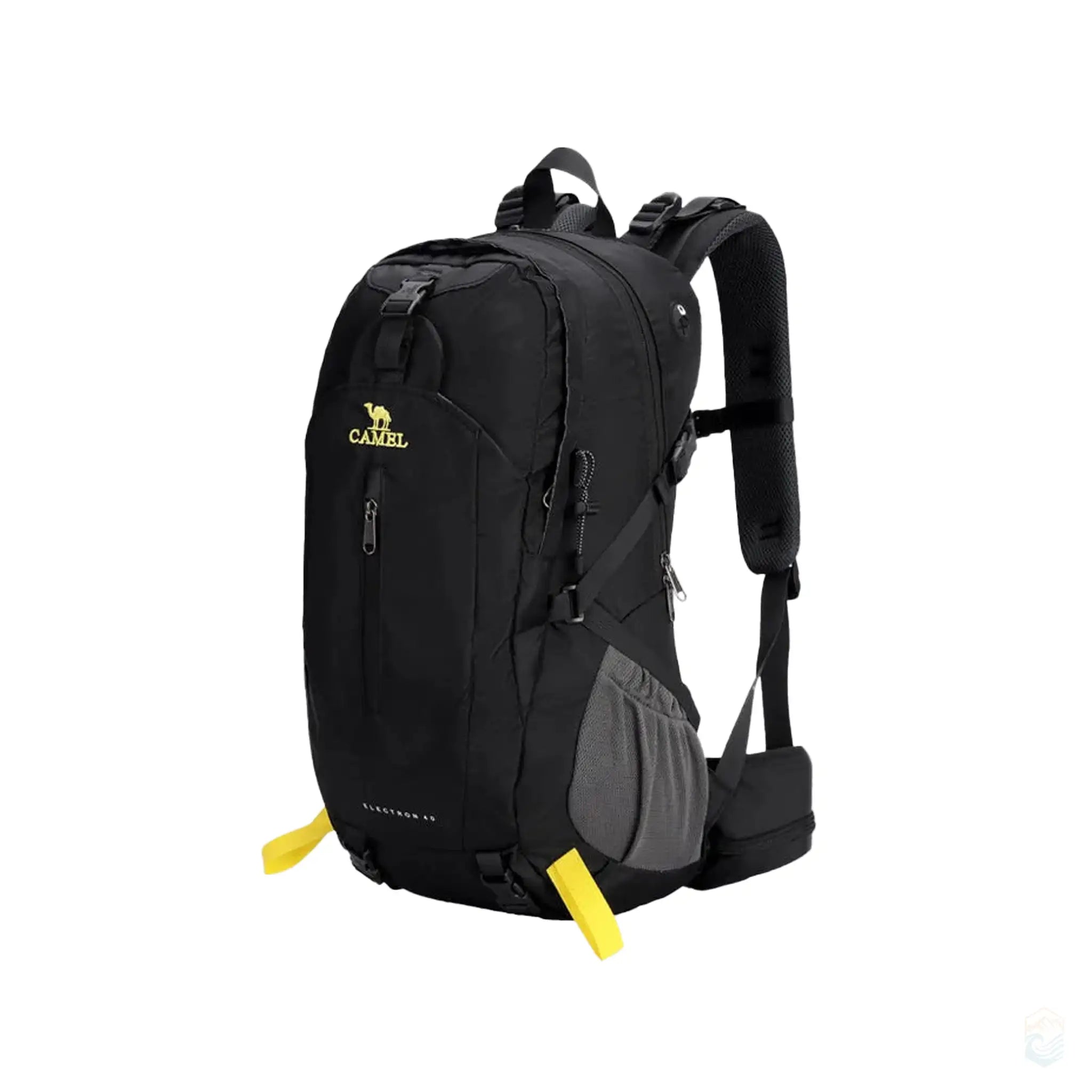 Black Camel 40L waterproof hiking backpack with multiple compartments, ergonomic straps, and adjustable buckles for secure fit, perfect for outdoor adventures.