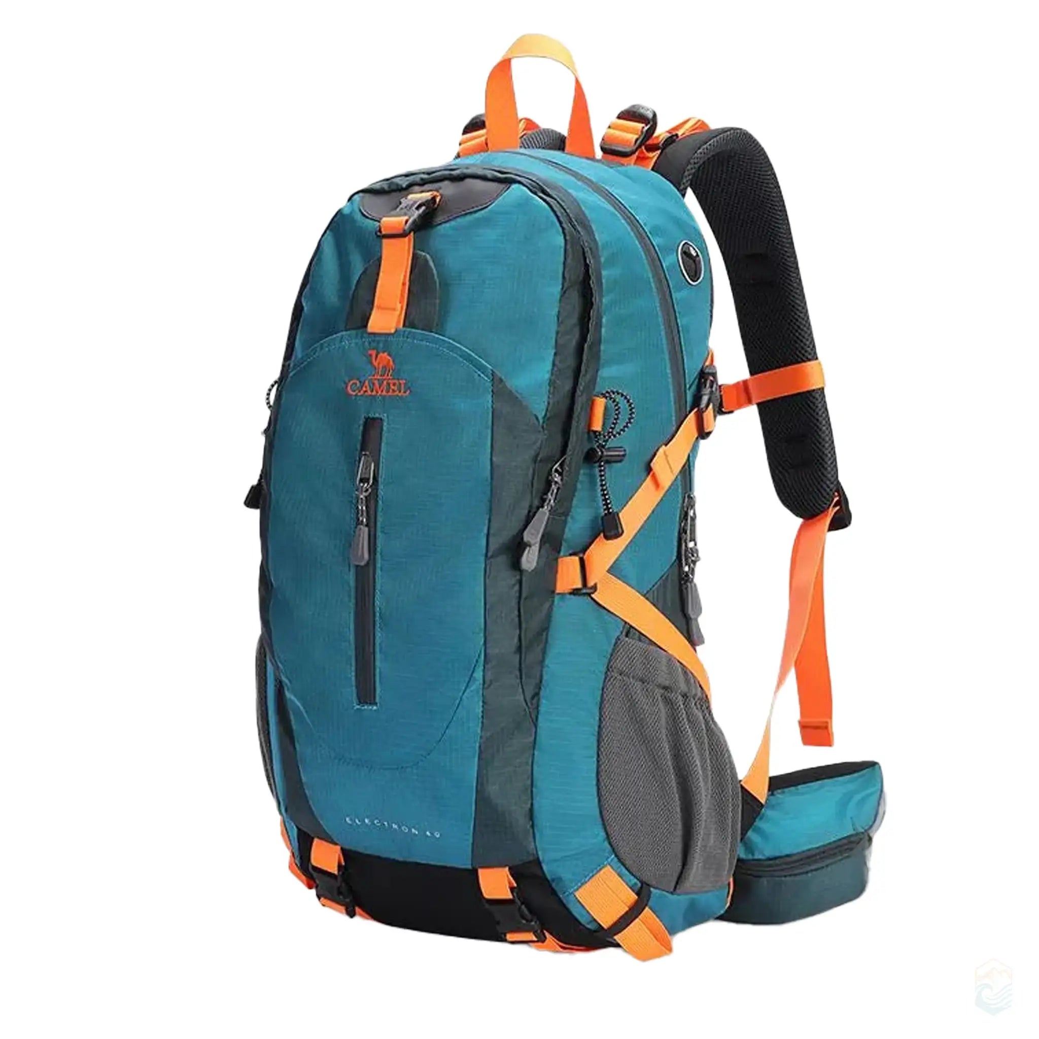 Dark aqua Camel 40L waterproof hiking backpack with orange accents, designed for outdoor trekking with adjustable straps, secure buckles, and multiple storage pockets.