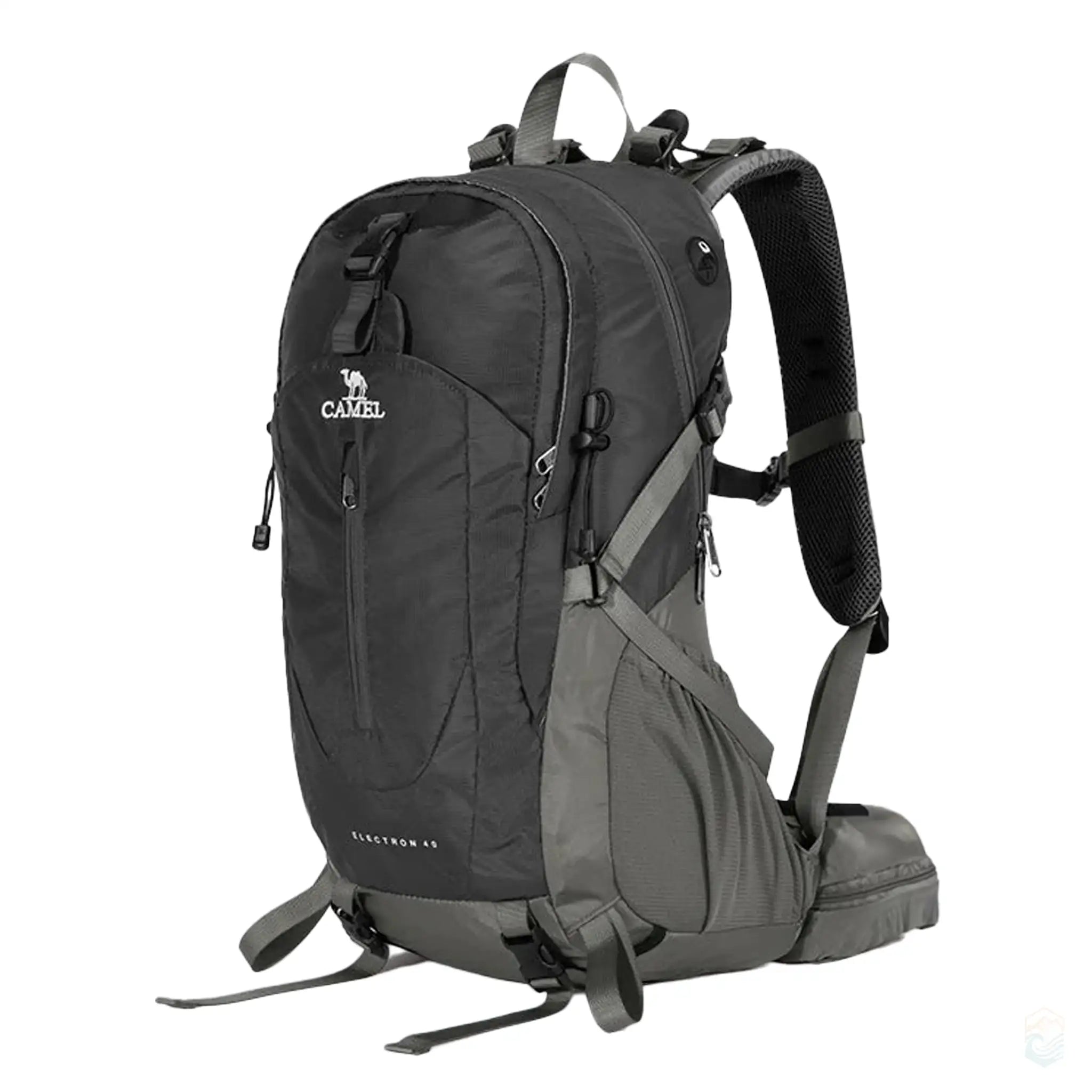 Dark gray Camel 40L waterproof hiking backpack with olive accents, featuring ergonomic shoulder straps, multiple compartments, and durable construction for rugged outdoor use.