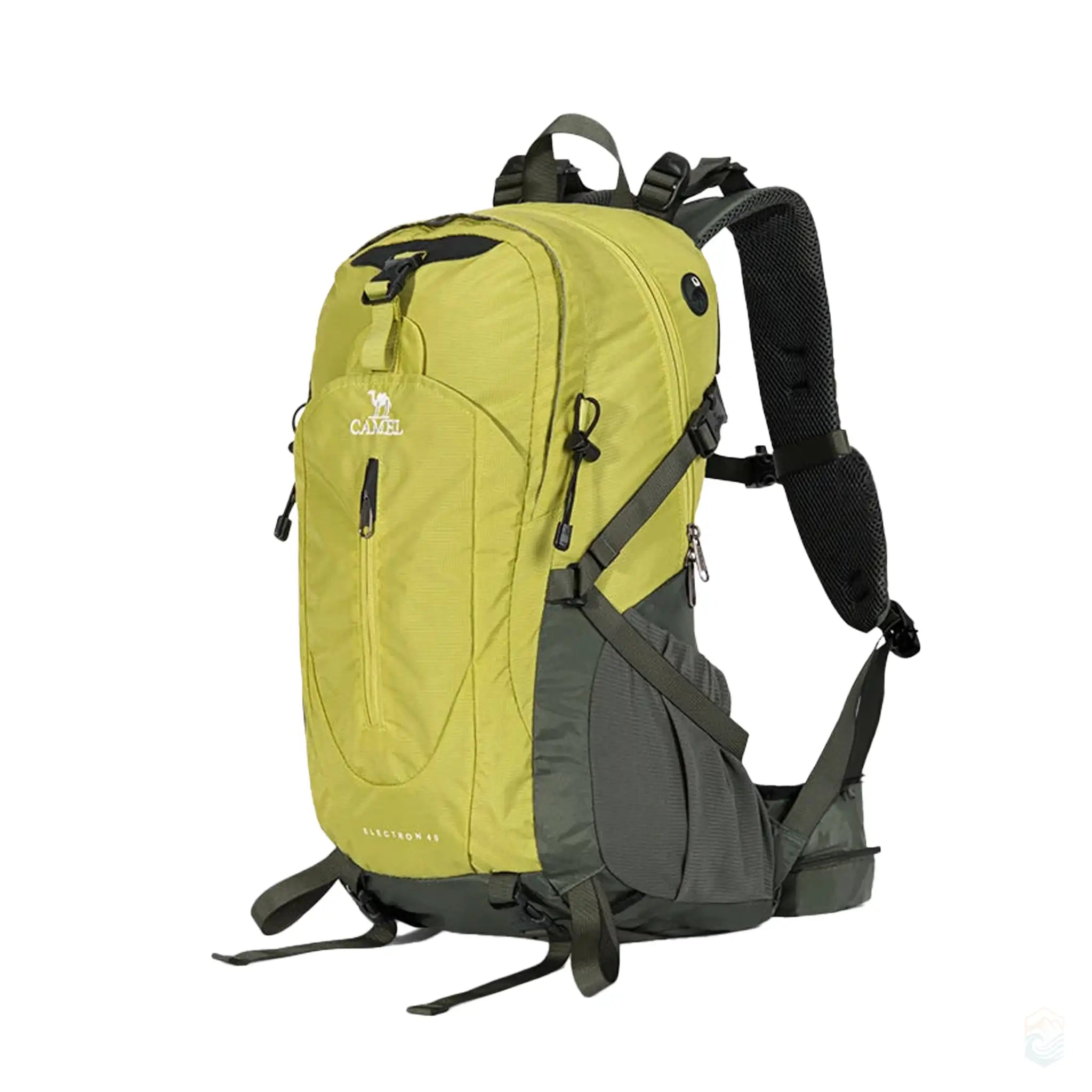 Force nature Camel 40L waterproof hiking backpack with durable construction, breathable mesh padding, and adjustable straps, designed for rugged outdoor expeditions.