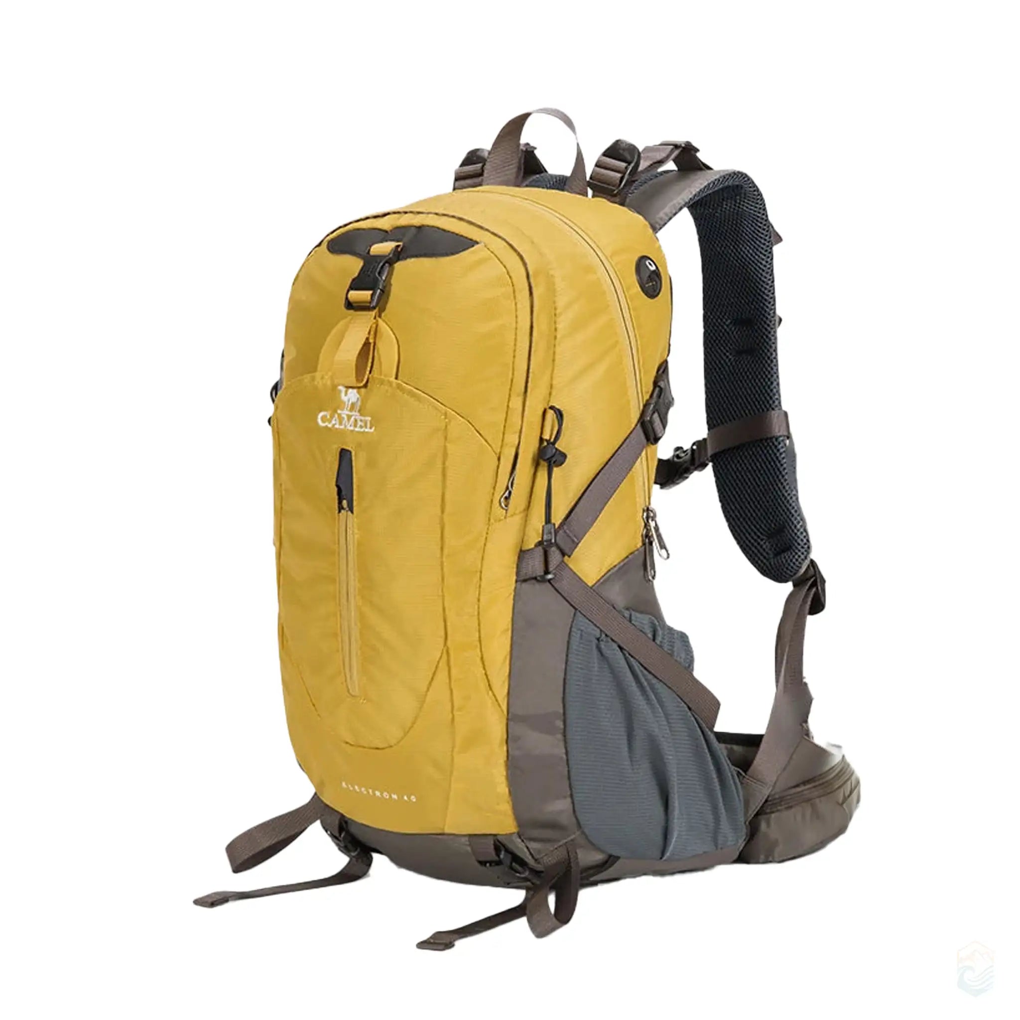 Honey Camel 40L waterproof hiking backpack with sturdy build, ergonomic straps, and multiple secure pockets, ideal for long hiking trips and outdoor activities.
