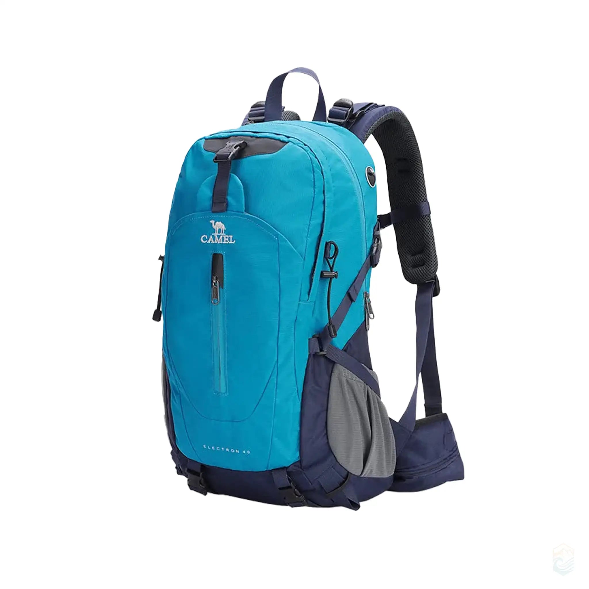 Lake blue Camel 40L waterproof hiking backpack with adjustable straps, breathable back padding, and multiple compartments, perfect for day hikes and extended outdoor adventures.