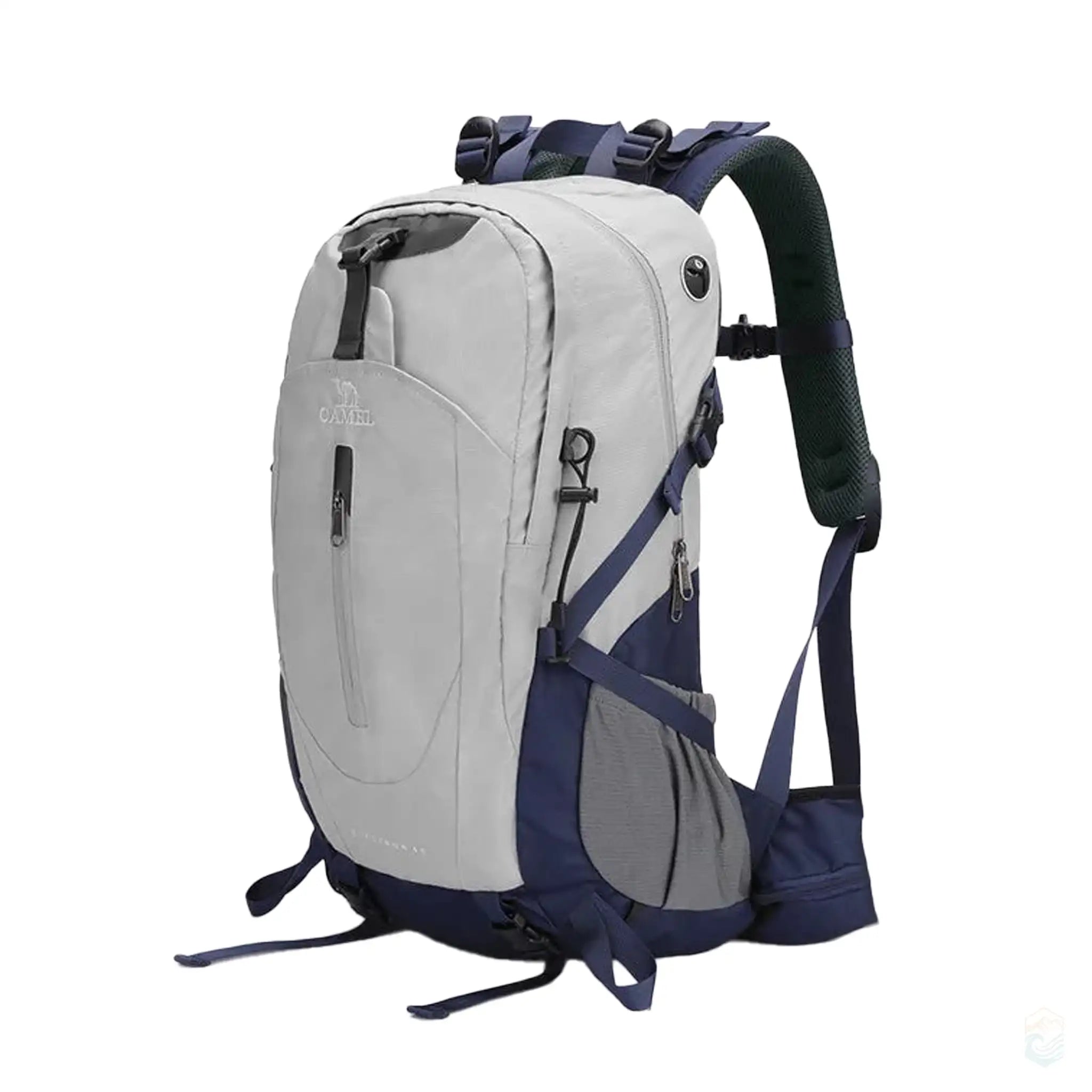 Light gray Camel 40L waterproof hiking backpack with navy accents, featuring ergonomic straps, breathable back padding, and multiple storage compartments, ideal for day hikes and outdoor adventures.