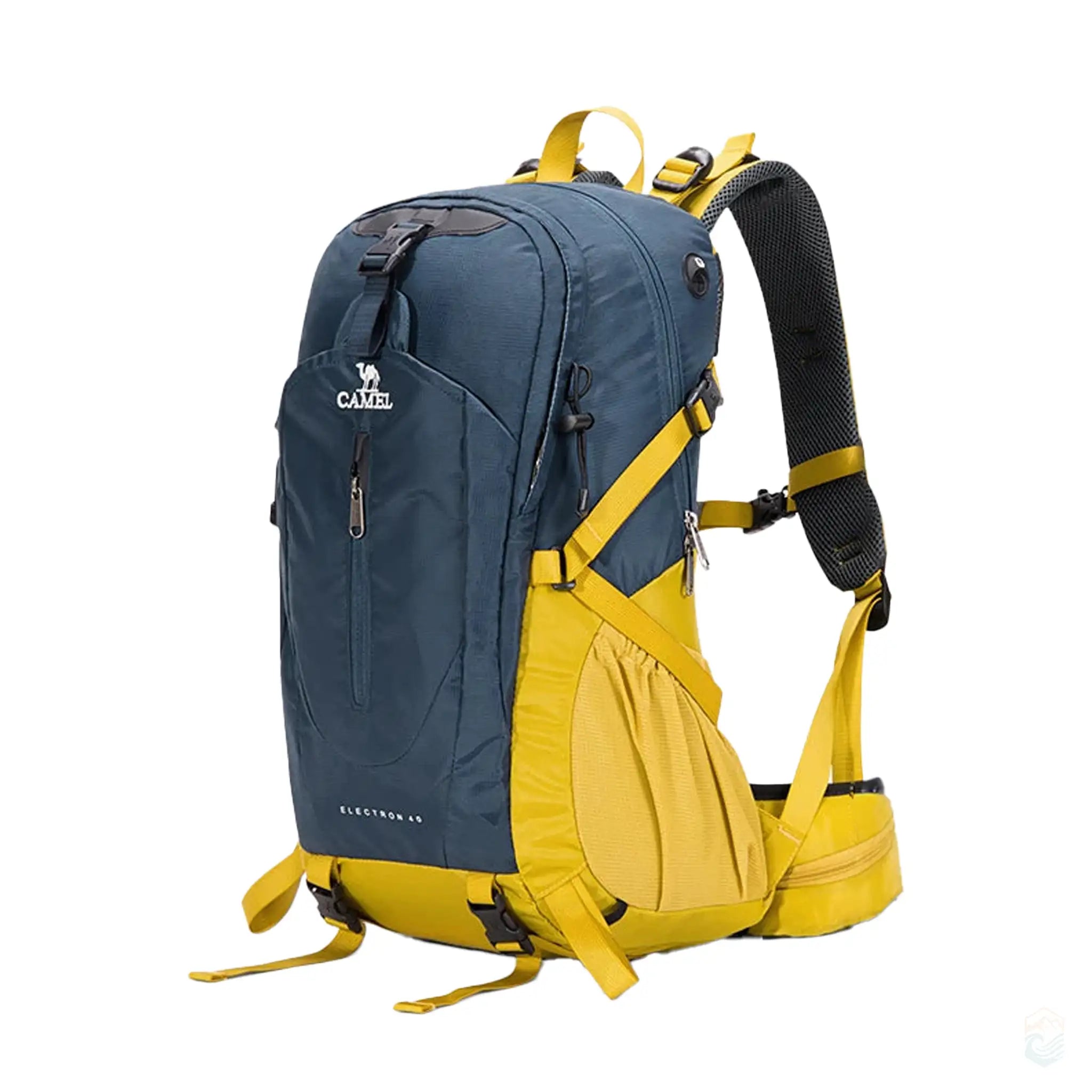 Zhan yellow Camel 40L waterproof hiking backpack with a two-tone design, featuring padded shoulder straps, secure buckles, and multiple compartments for organized storage, perfect for trekking and camping.
