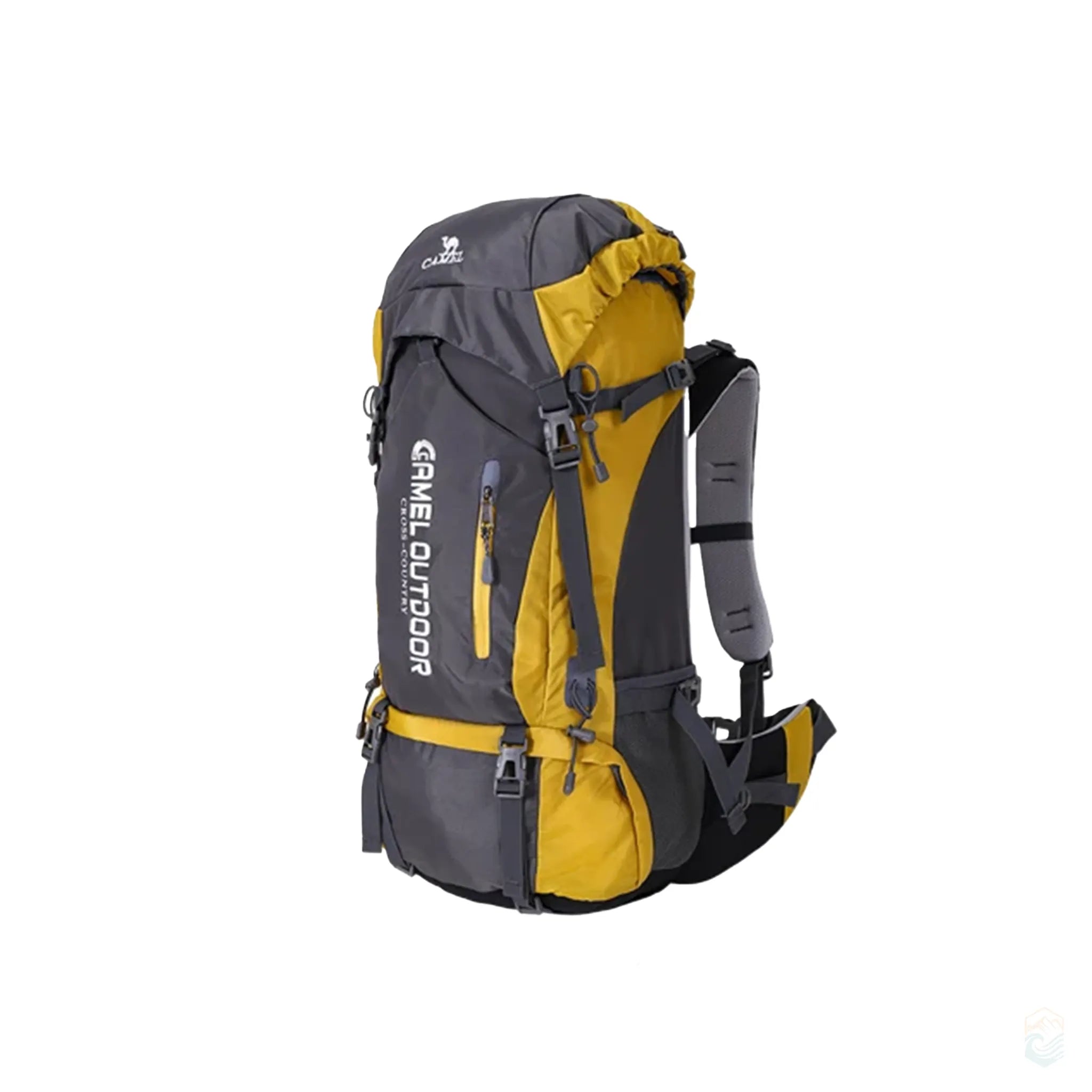 CAMEL 56L dark gray outdoor hiking backpack with multiple compartments, adjustable straps, and waterproof design for camping or travel