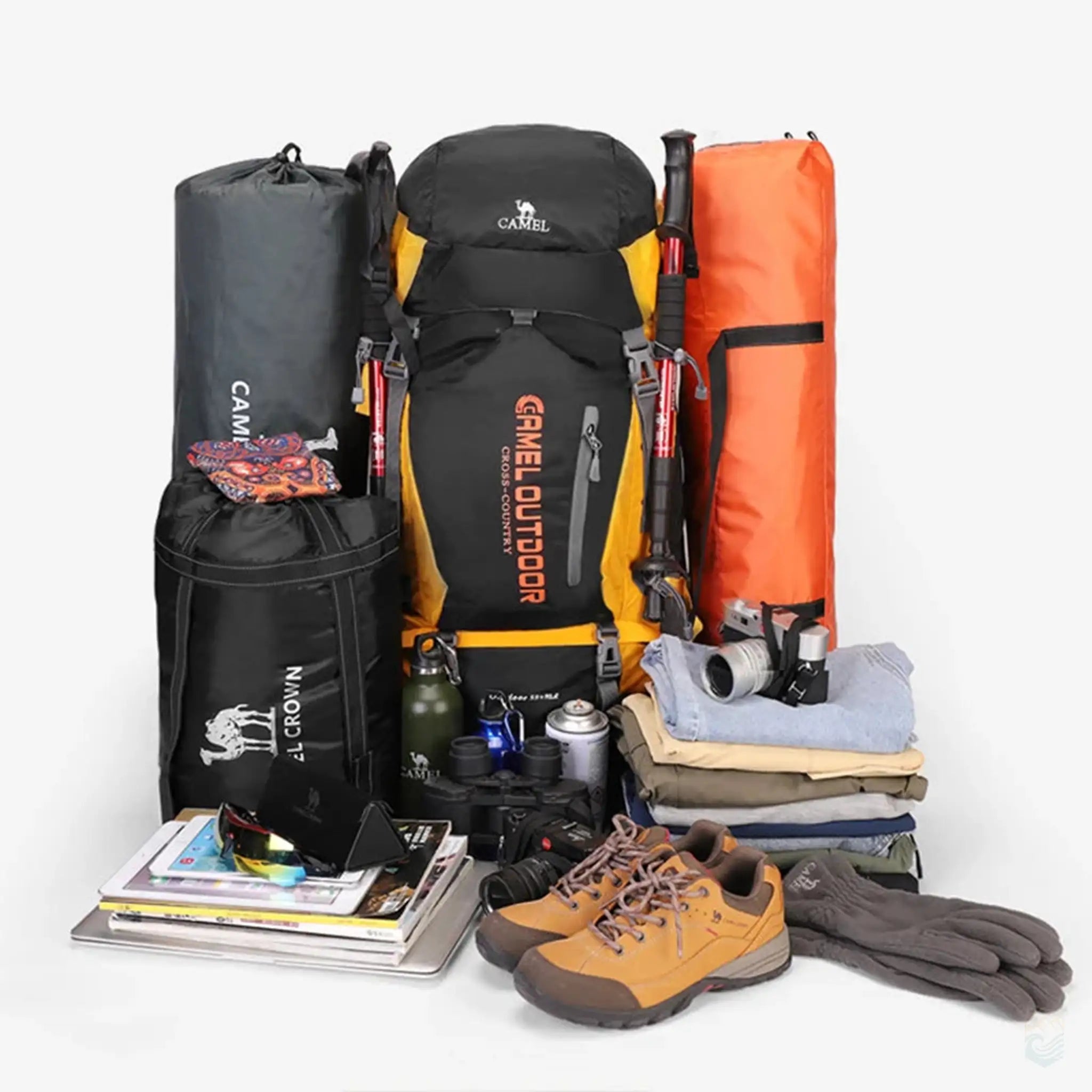 Camel 65L hiking backpack in yellow, displayed with a full set of camping and hiking gear, including tents, sleeping bags, clothing, and essential equipment, ready for an outdoor adventure.